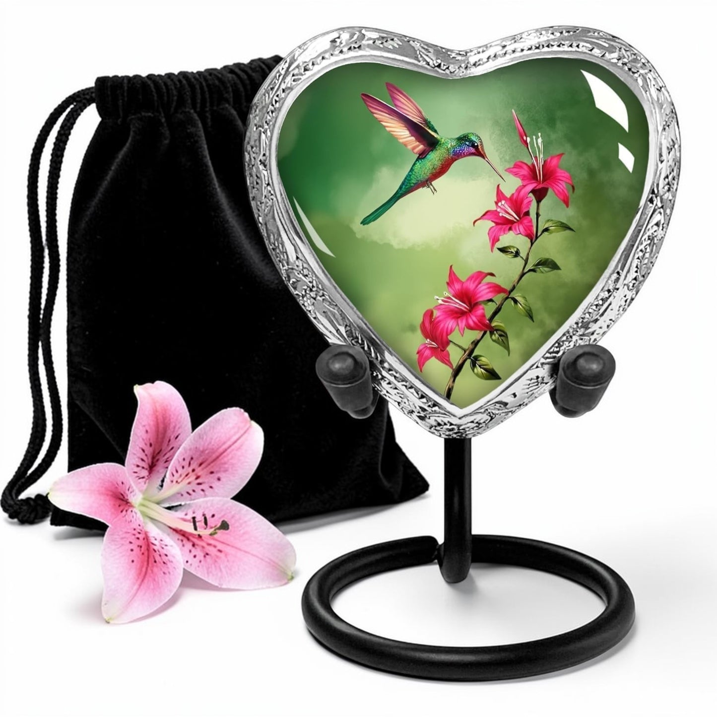 Green Hummingbird Heart Keepsake Urn for Human Ashes – Small Sharing Cremation Urn for a Woman – Elegant Tribute with Display Stand