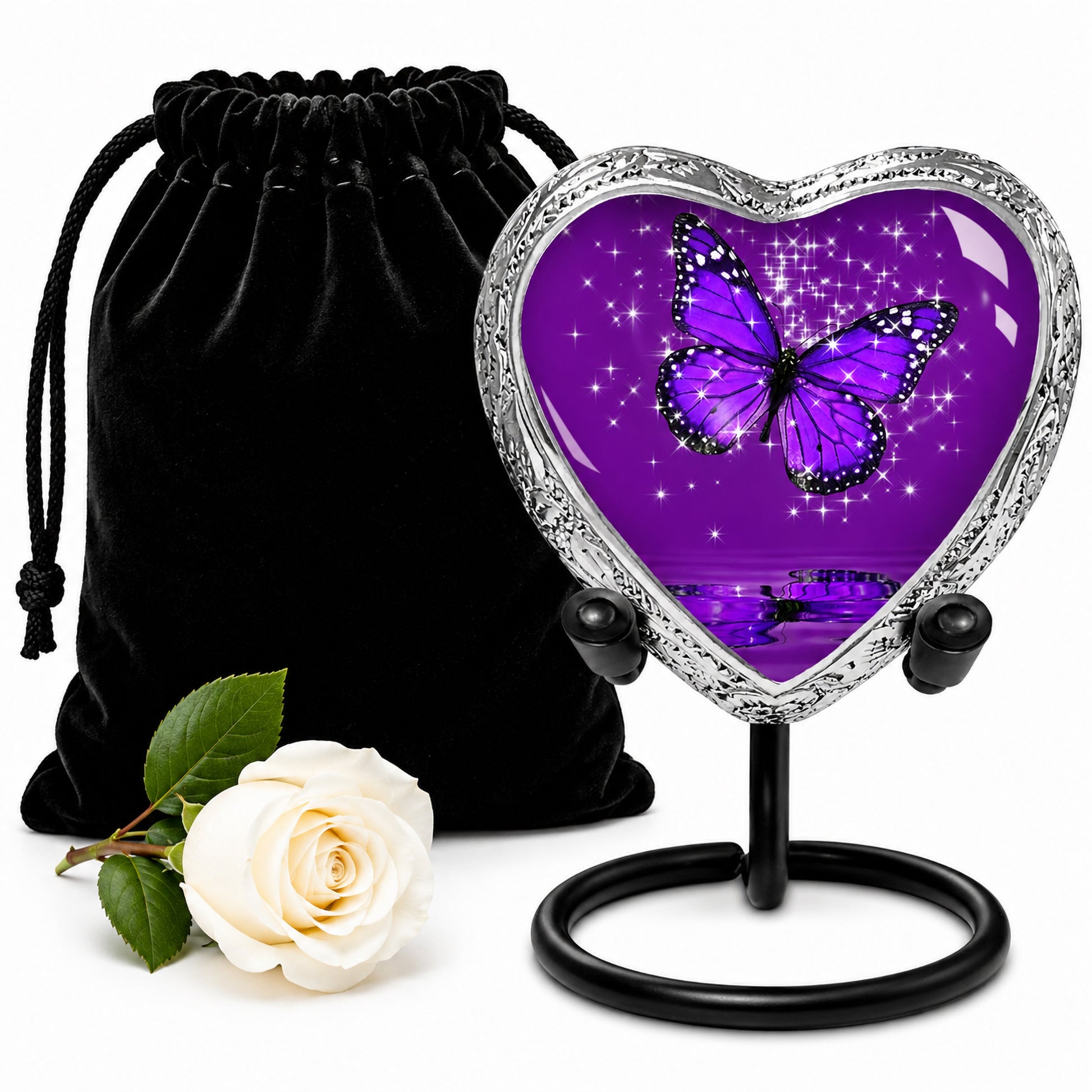 Purple Butterfly Heart Keepsake Cremation Urn on display stand with black velvet bag and white rose — small sharing memorial urn for human ashes