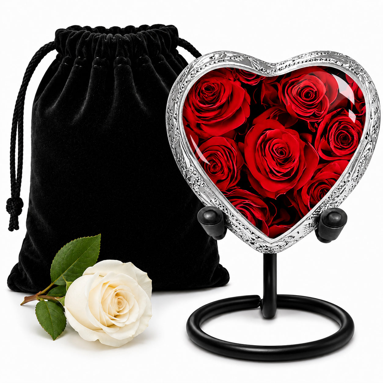 Red Roses Heart Keepsake Cremation Urn with display stand and black velvet bag — small memorial urn for women