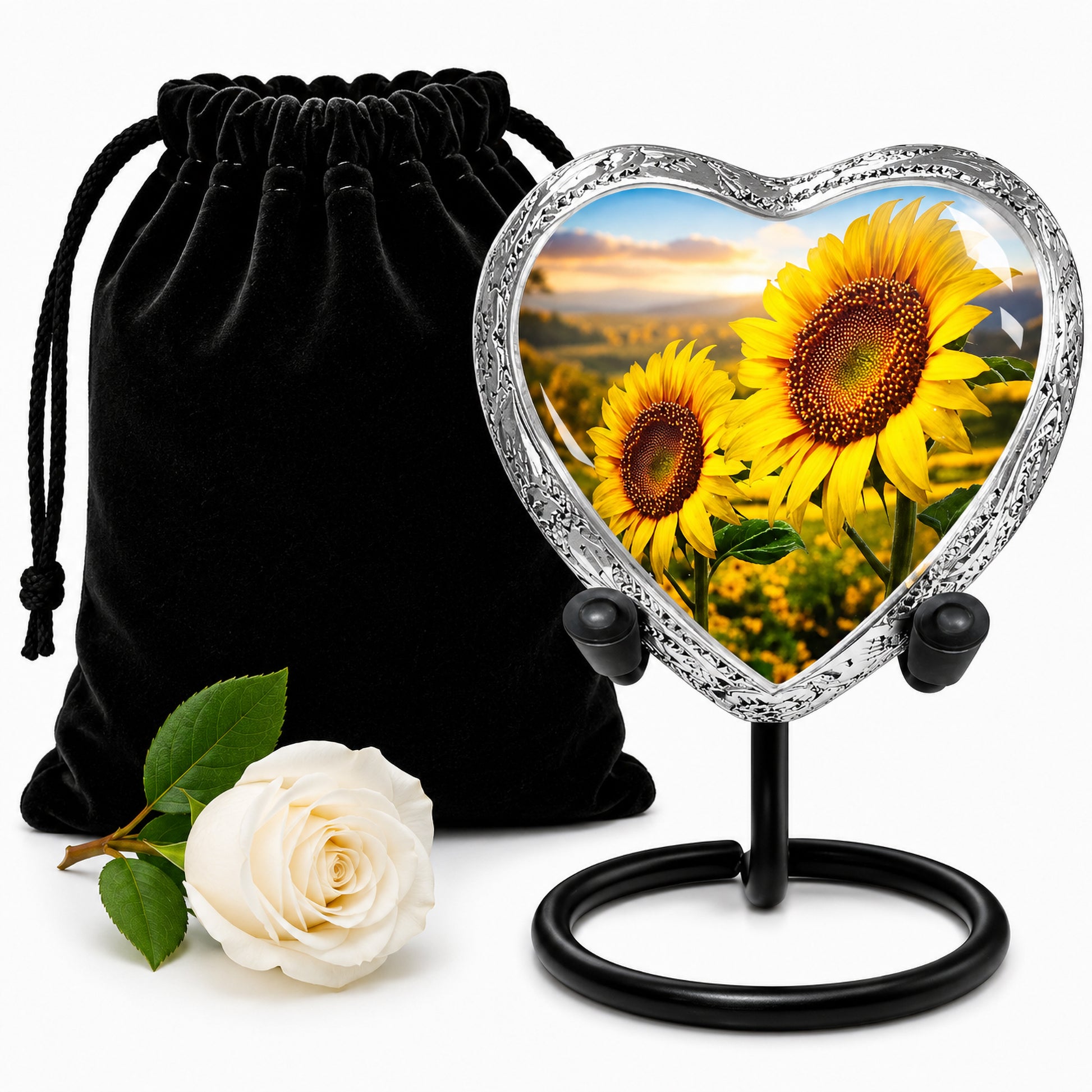 Sunflower Heart Keepsake Cremation Urn with display stand and black velvet bag — small memorial urn for human ashes