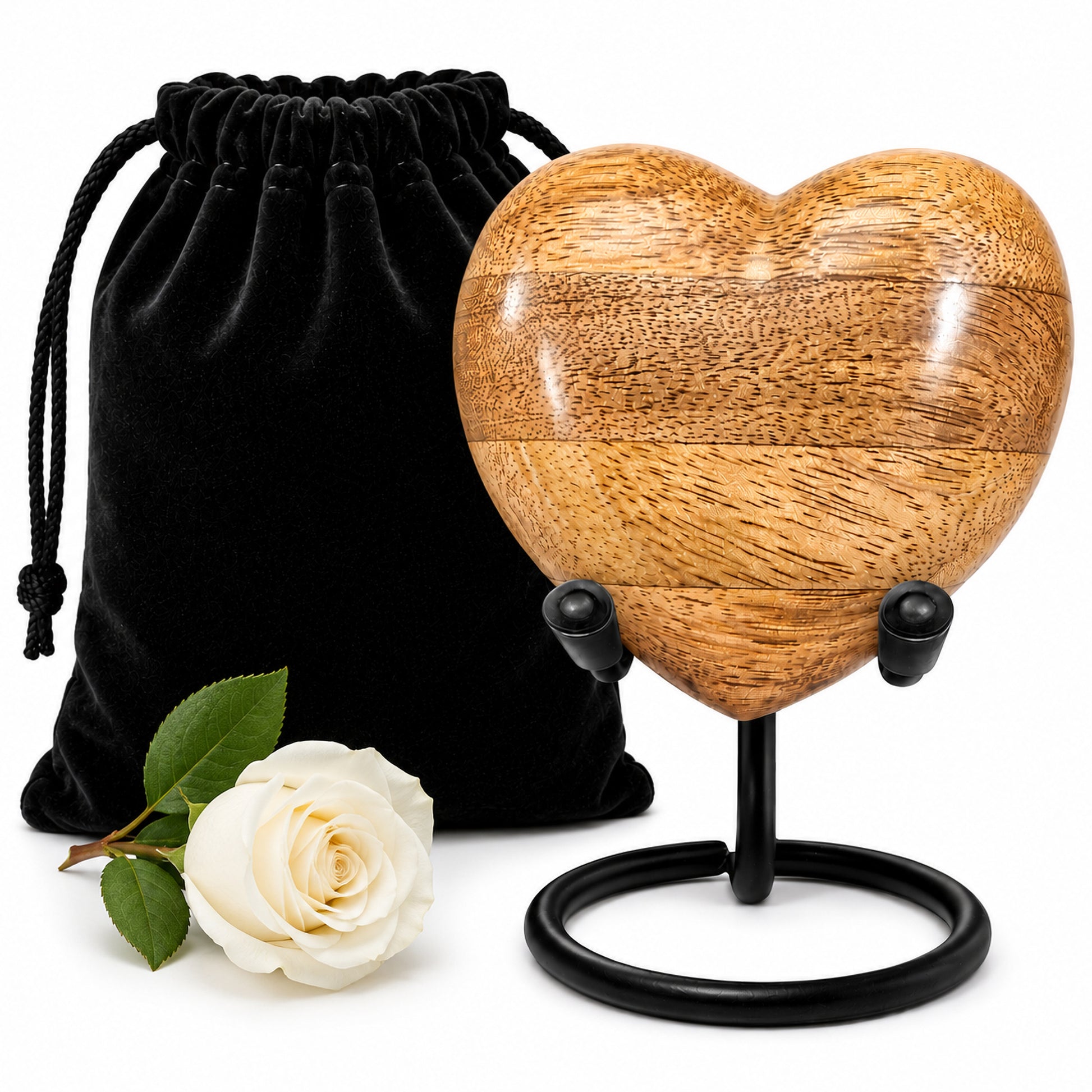 Handcrafted Mango Wood Heart Keepsake Cremation Urn with display stand and black velvet bag — small memorial urn for human ashes