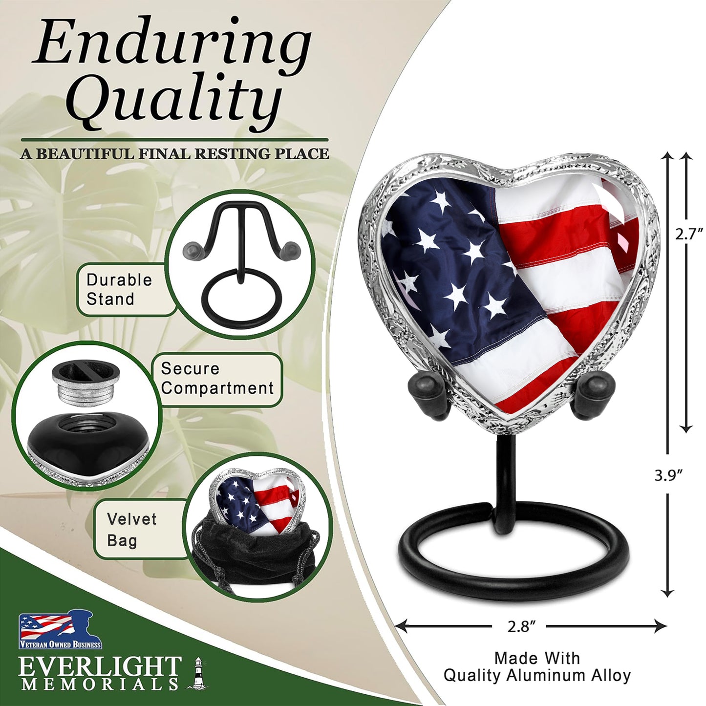 American Flag Heart Keepsake Urn for Human Ashes – Small Memorial Urn for a Man or Woman – A Patriotic Tribute Held Close