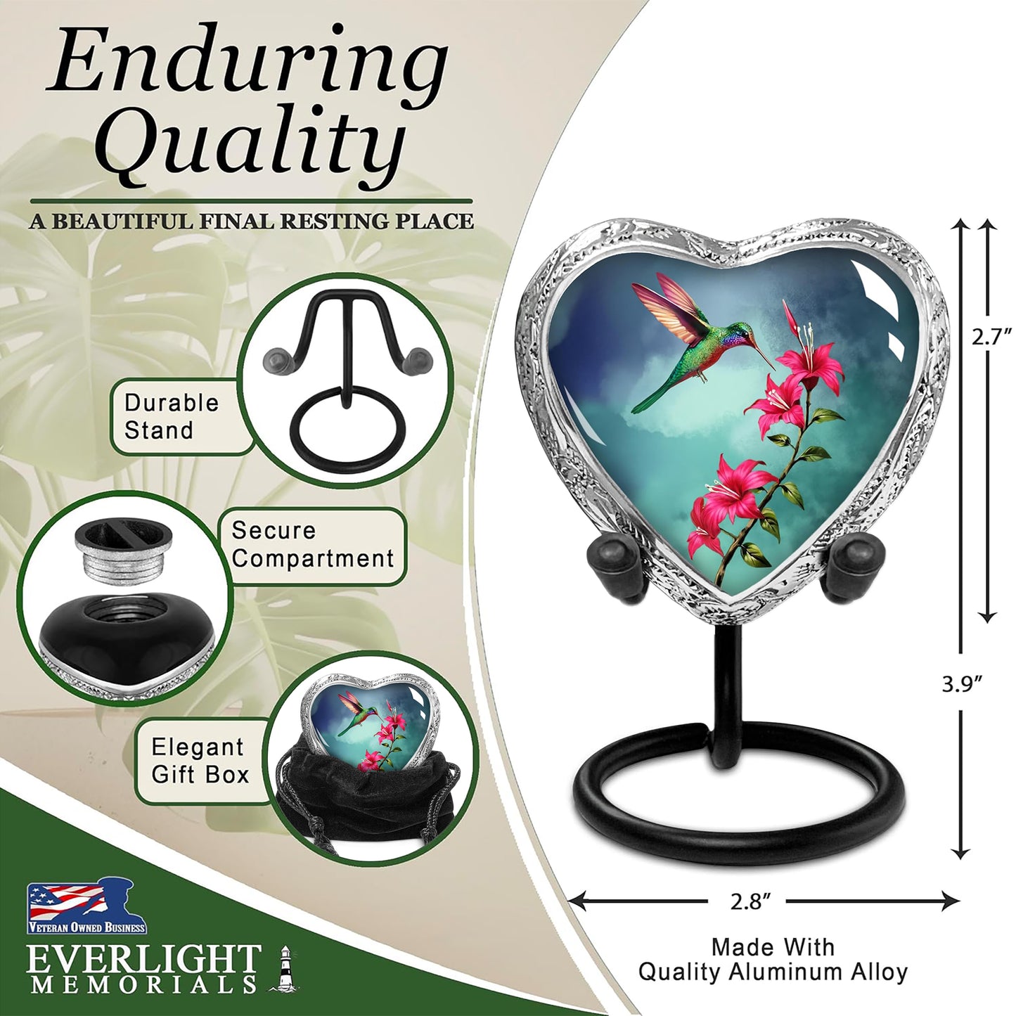 Heart Shaped Small Keepsake Cremation Urns for Human Ashes - Blue Hummingbird