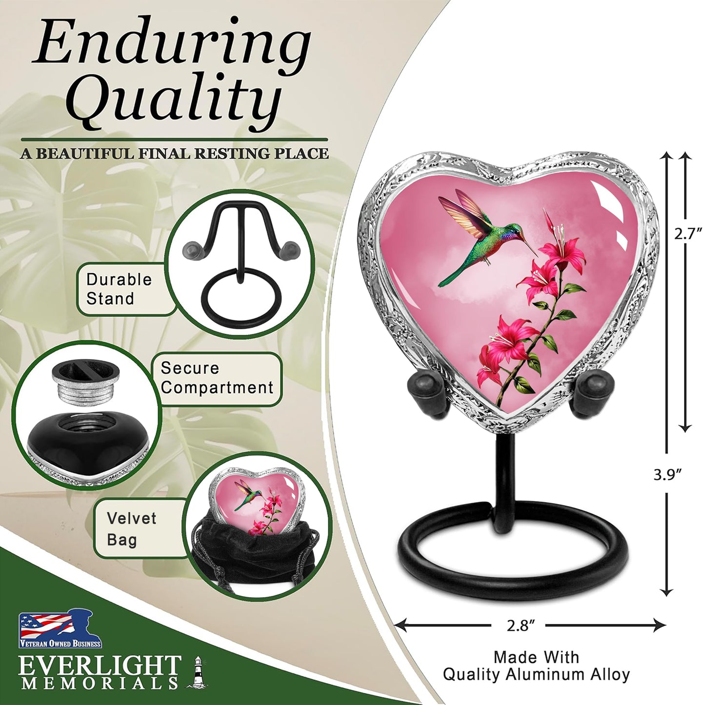 Heart Shaped Small Keepsake Cremation Urns for Human Ashes - Pink Hummingbird