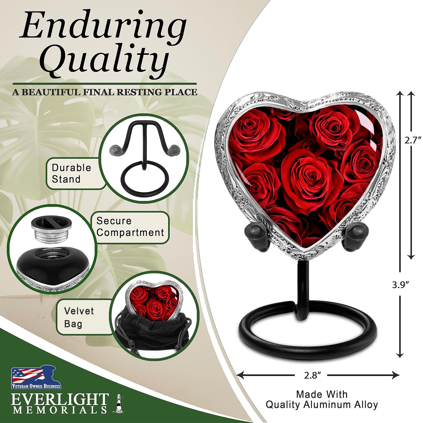Red Roses Heart Keepsake Urn for Human Ashes – Small Memorial Urn for Adult Female – Tribute for Mother, Daughter, Sister, or Wife – A Symbol of Eternal Love to Share and Keep Close
