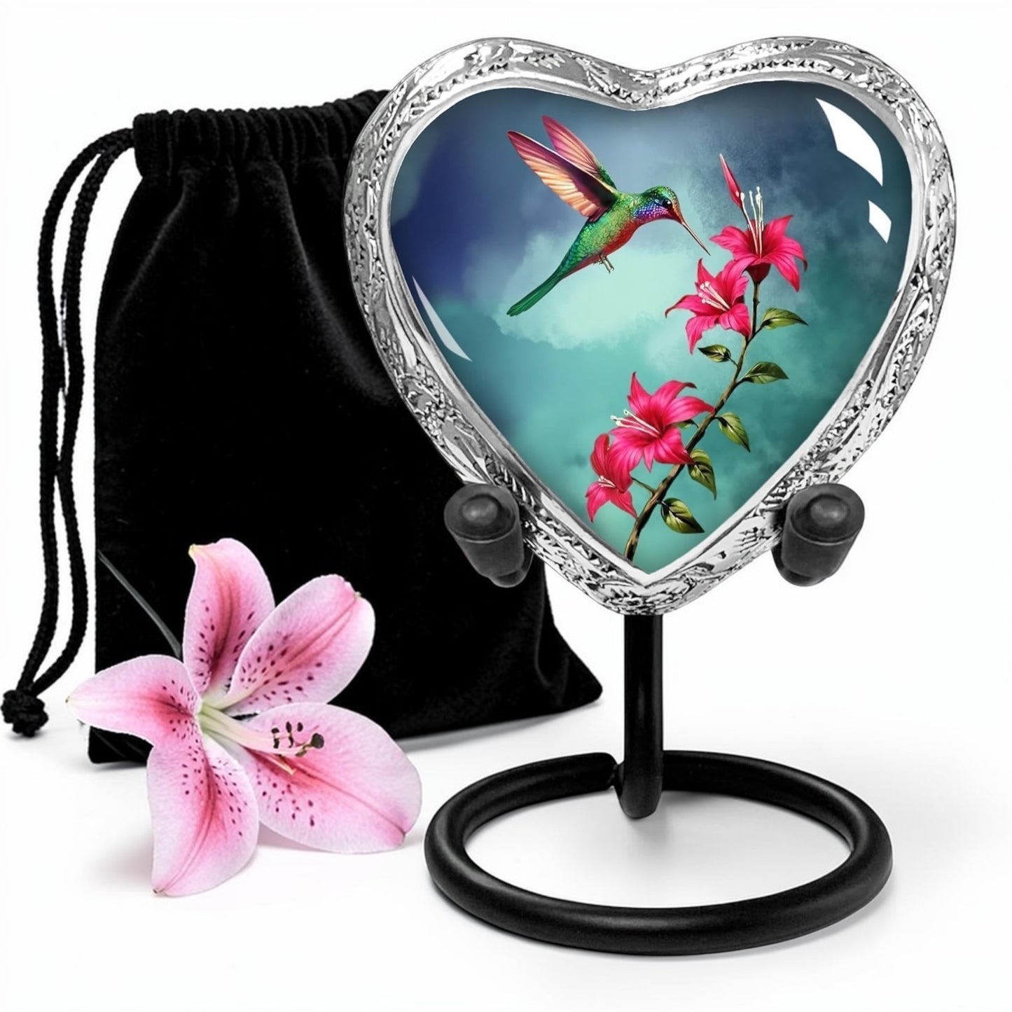Blue Hummingbird Heart Keepsake Cremation Urn – Sharing Urn for Human Ashes – A Loving Tribute for a Man or Woman – Small Heart-Shaped Memorial Keepsake