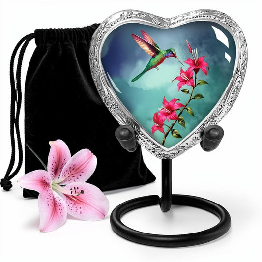 Blue Hummingbird Heart Keepsake Cremation Urn – Sharing Urn for Human Ashes – A Loving Tribute for a Man or Woman – Small Heart-Shaped Memorial Keepsake