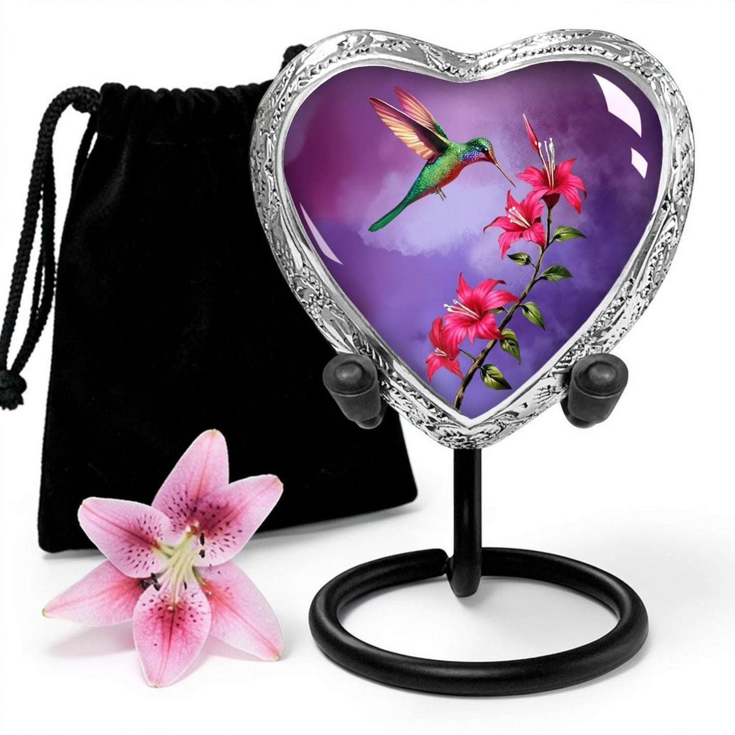 Purple Hummingbird Heart Keepsake Cremation Urn – Small Sharing Urn for Ashes – A Loving Tribute for a Man or Woman