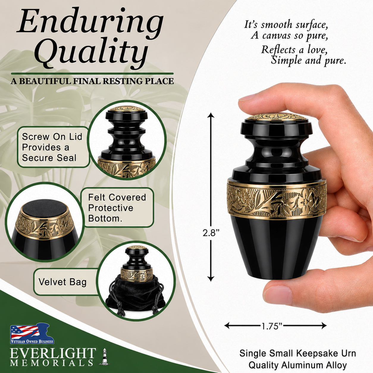 Classic Gloss Black Small Keepsake Urn for Human Ashes – Sharing Urn with Velvet Bag