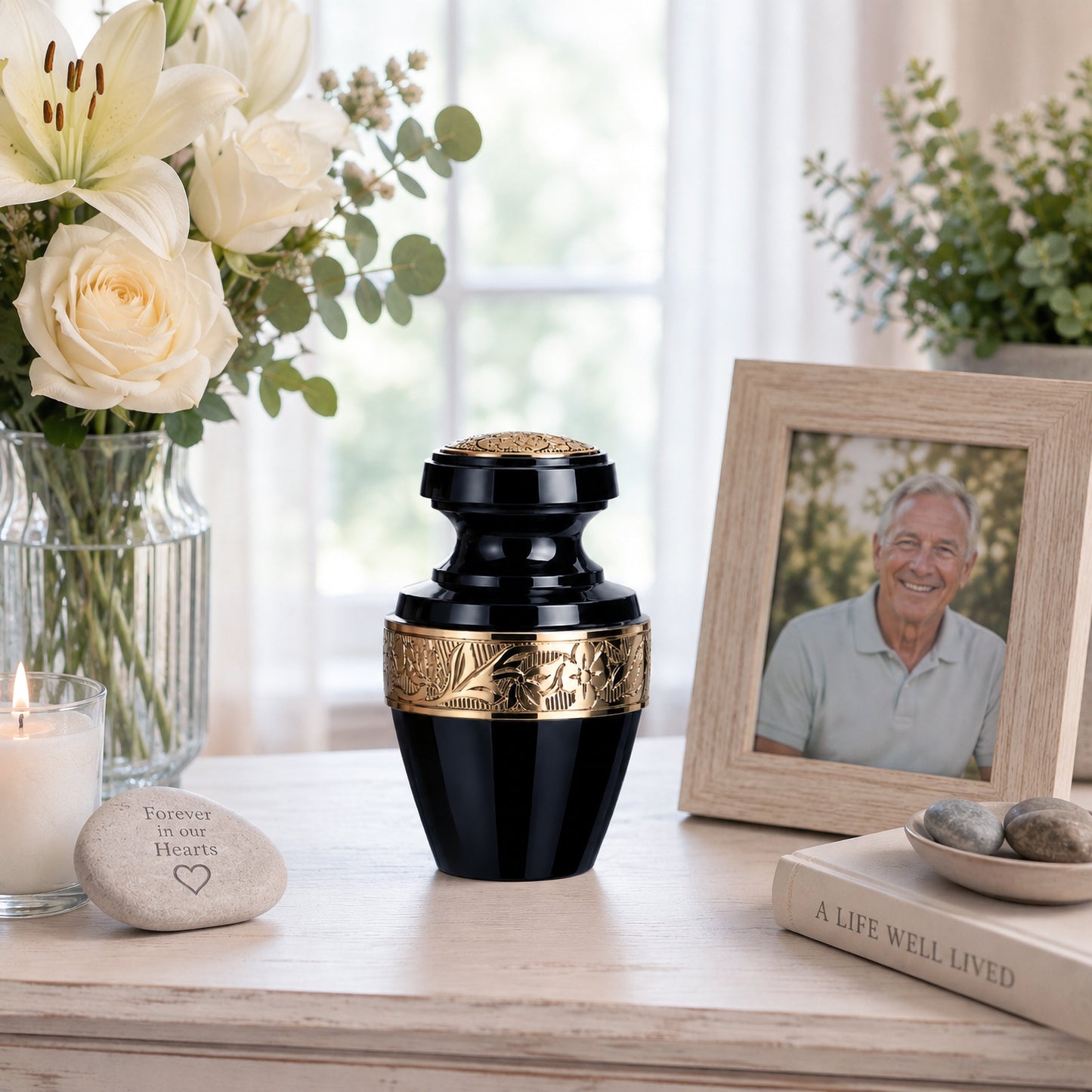 Classic Gloss Black Small Keepsake Urn for Human Ashes – Sharing Urn with Velvet Bag