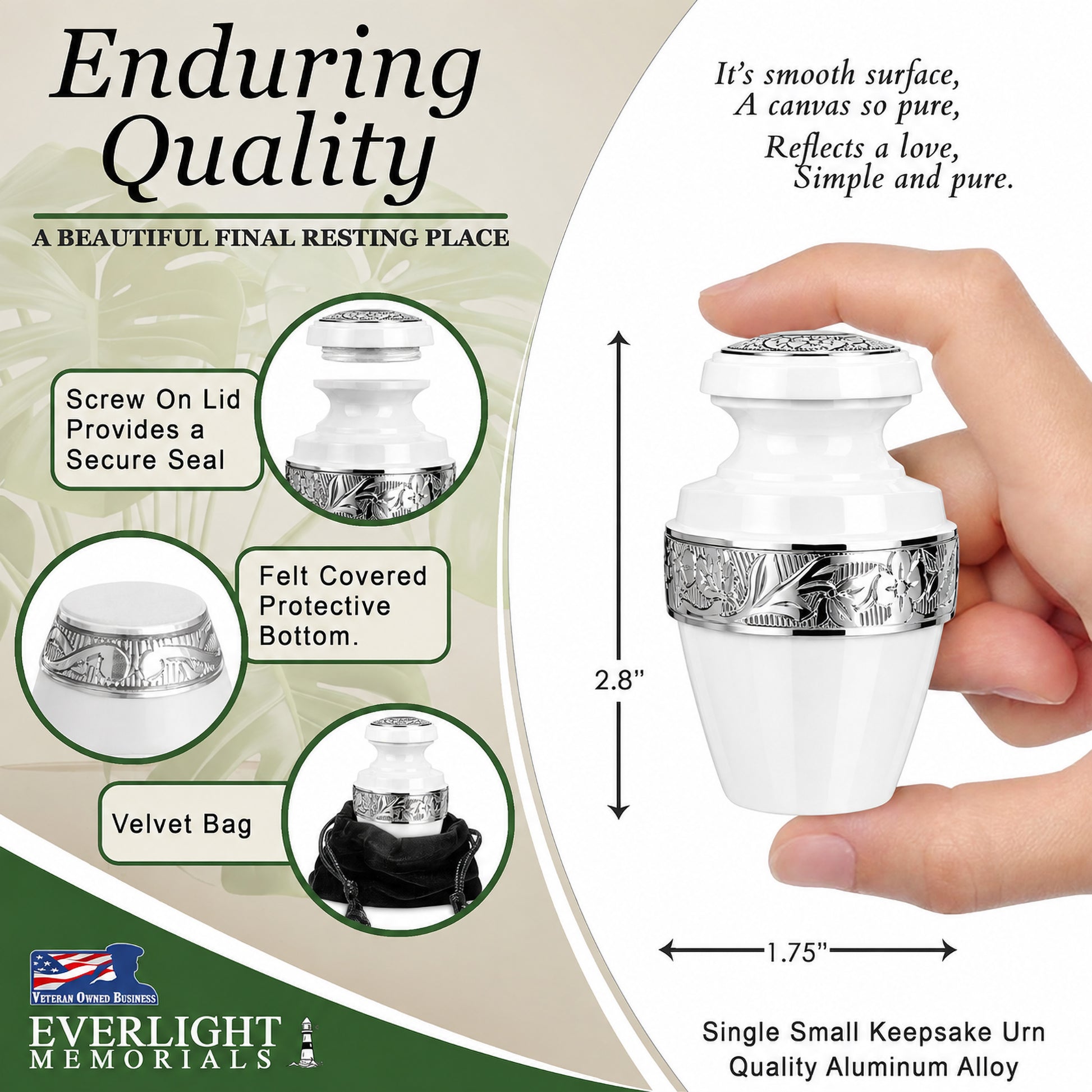 Classic White Small Keepsake Urn — infographic showing 2.8 inch height, screw-on lid, felt bottom, and velvet bag features