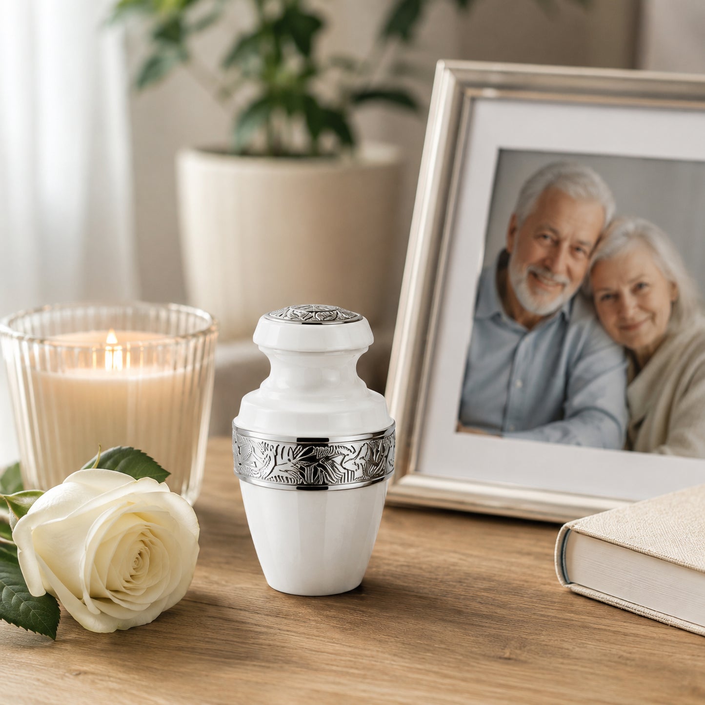 Classic White Small Keepsake Urn — lifestyle scene on wooden table with white rose, candle, and framed photo of elderly couple