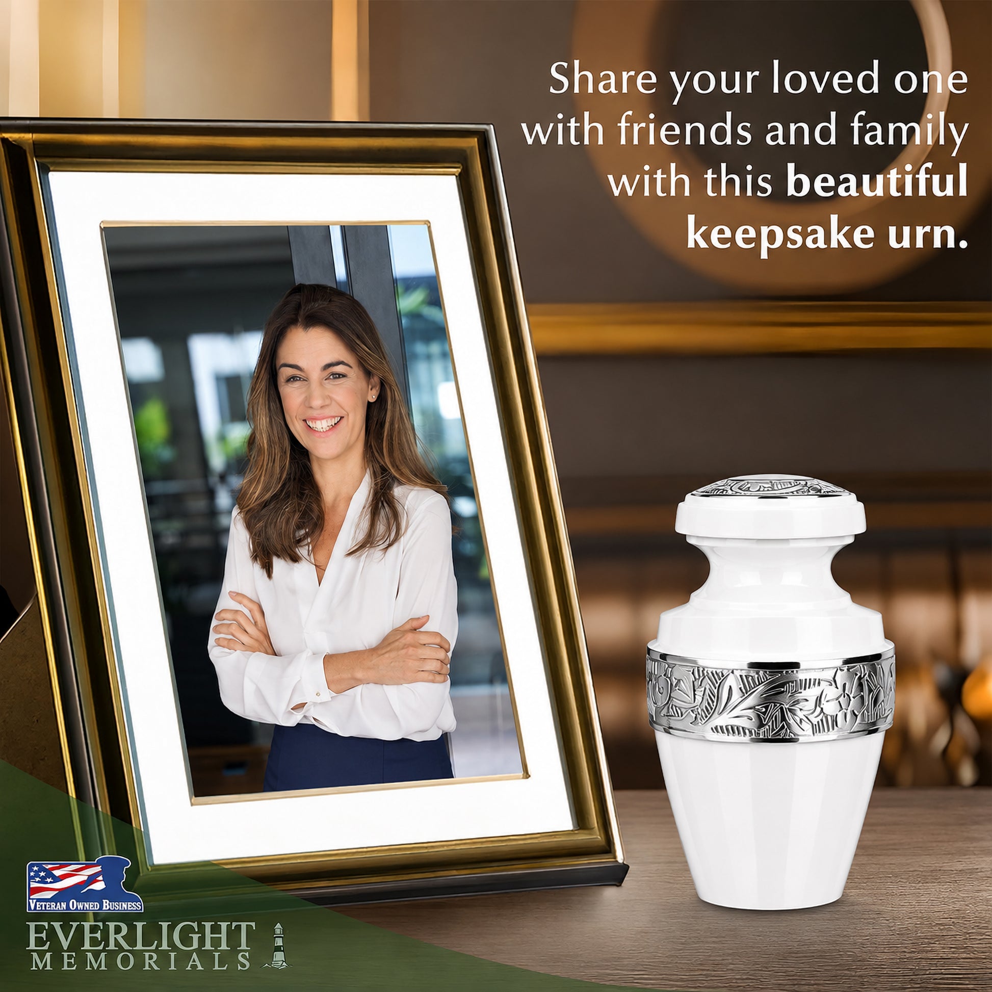 Classic White Small Keepsake Urn — displayed beside framed photo of smiling woman with Everlight Memorials branding