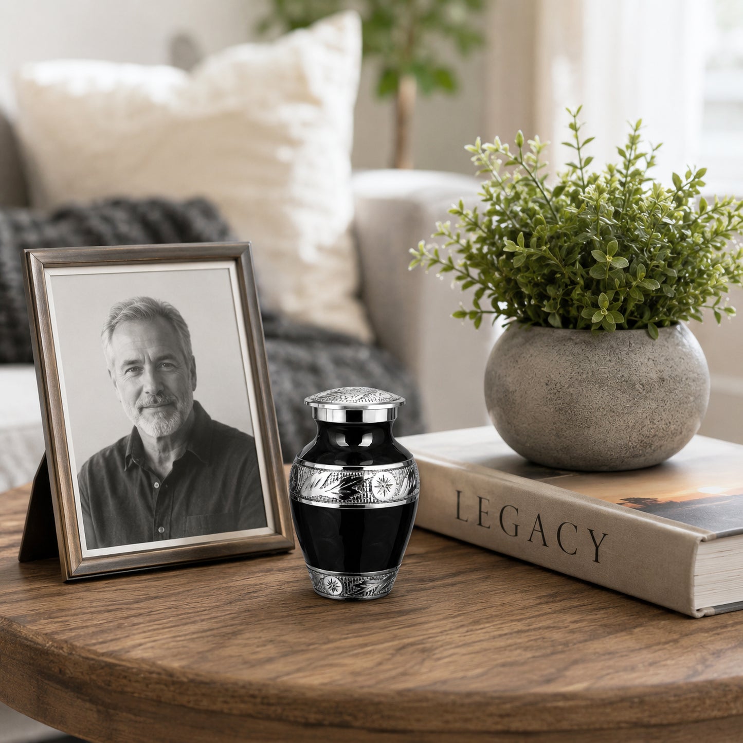 Black Forever After keepsake urn on memorial table beside framed photo and Legacy book