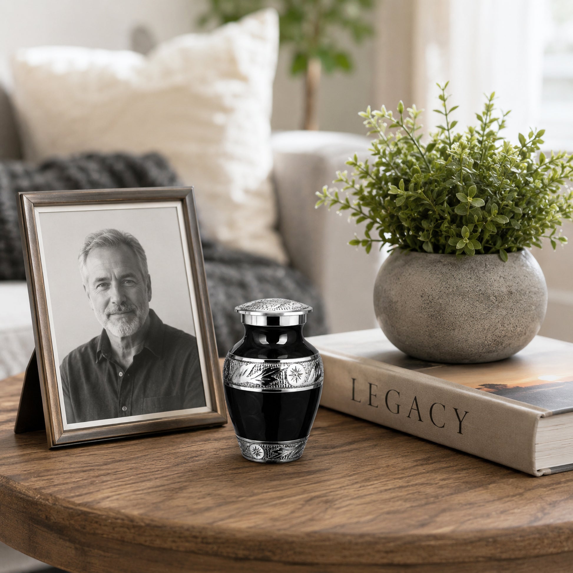 Black Forever After keepsake urn on memorial table beside framed photo and Legacy book