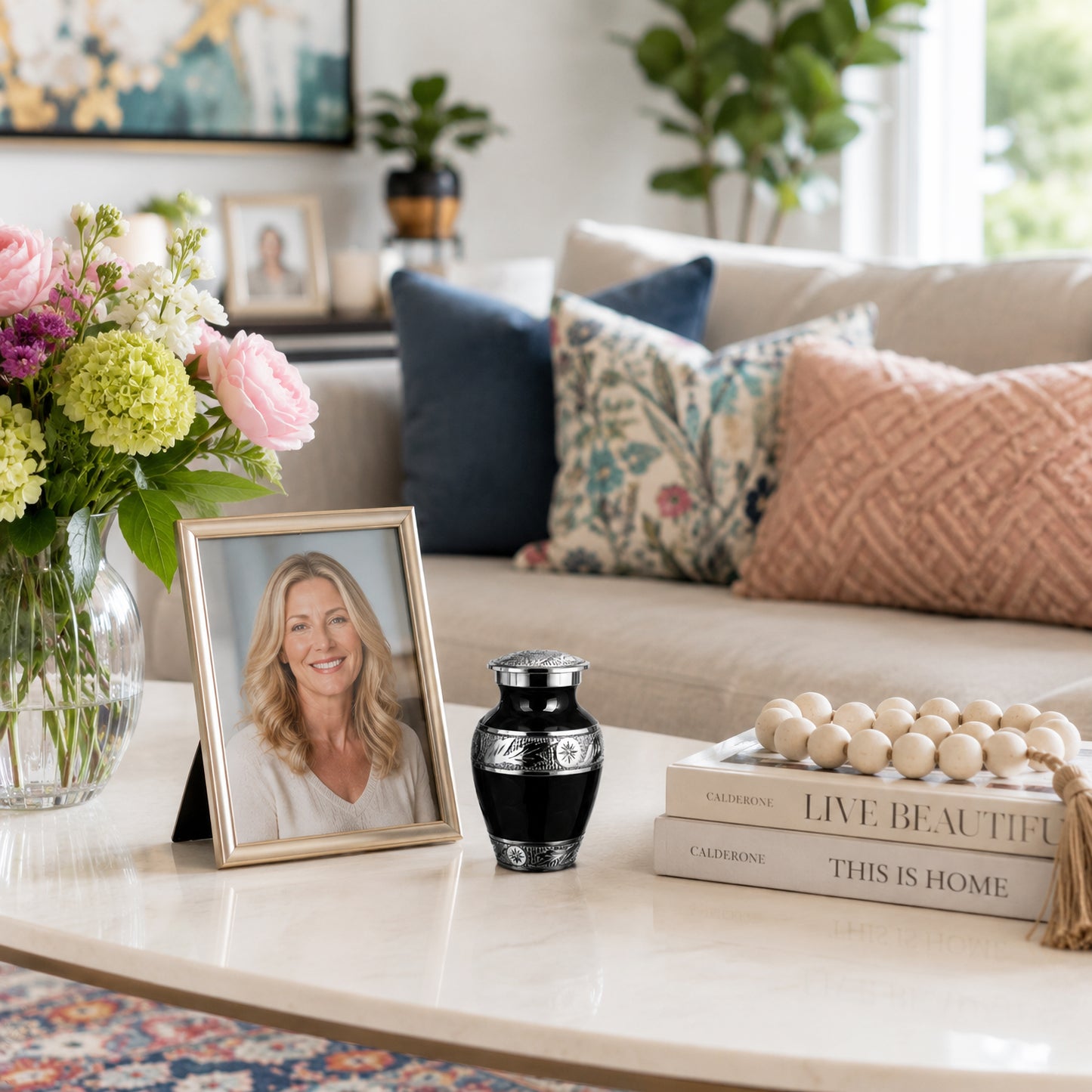 Black Forever After keepsake urn beside framed photo and flowers on living room table