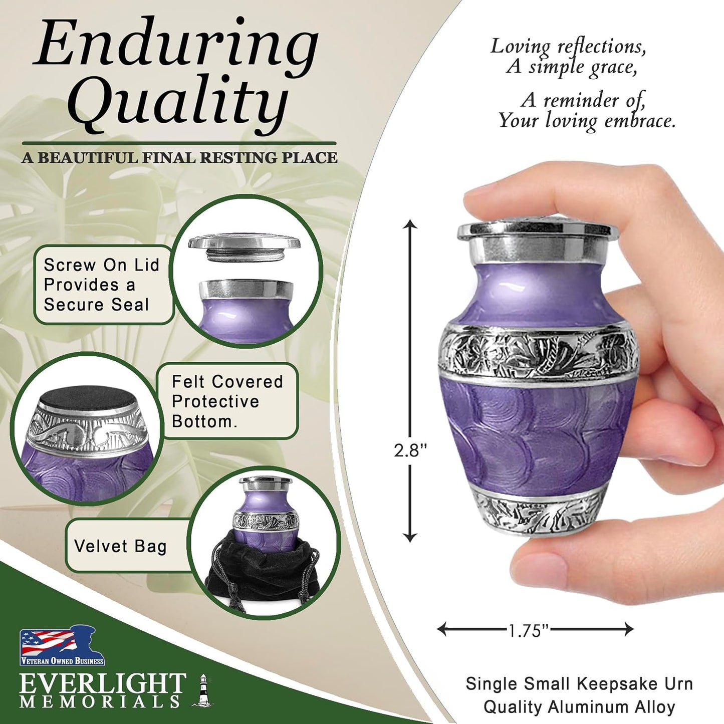 Everlight Memorials Forever After Purple keepsake urn features — Simple Elegance infographic