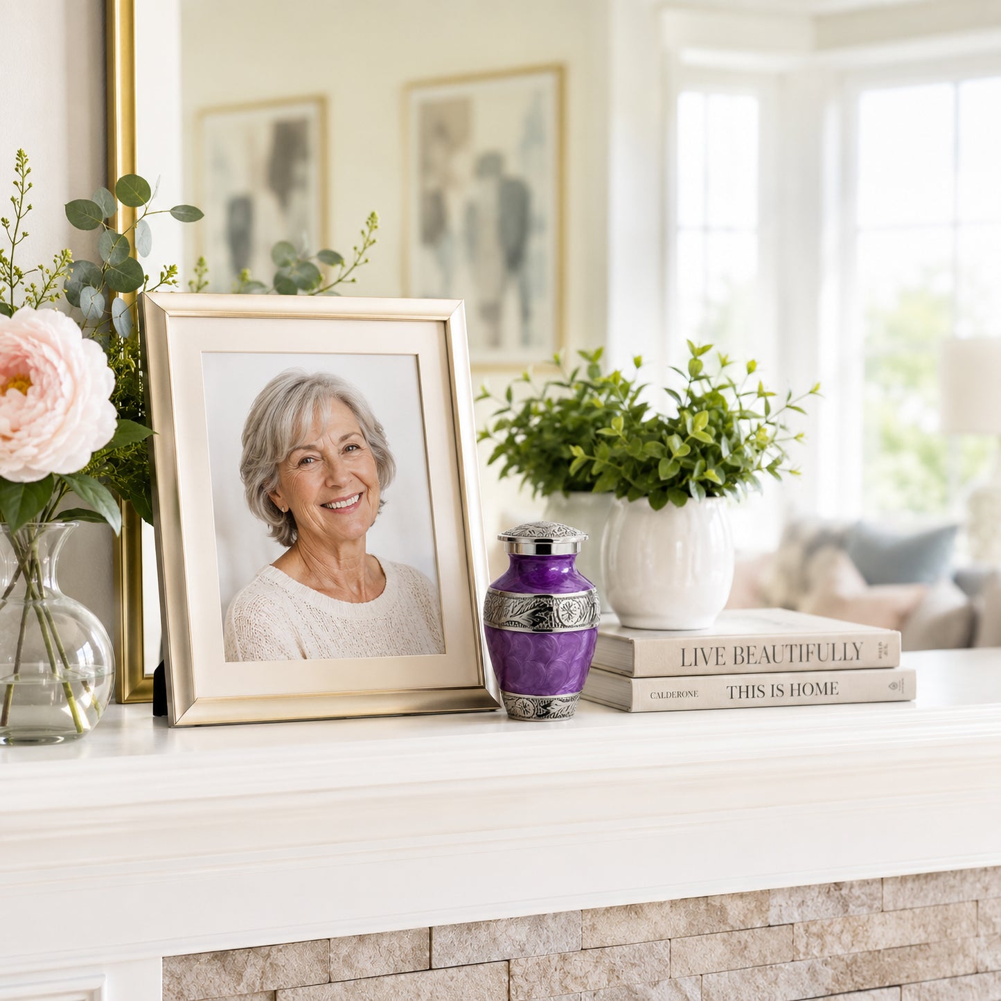 Purple Forever After keepsake urn on memorial table with framed photo and candle