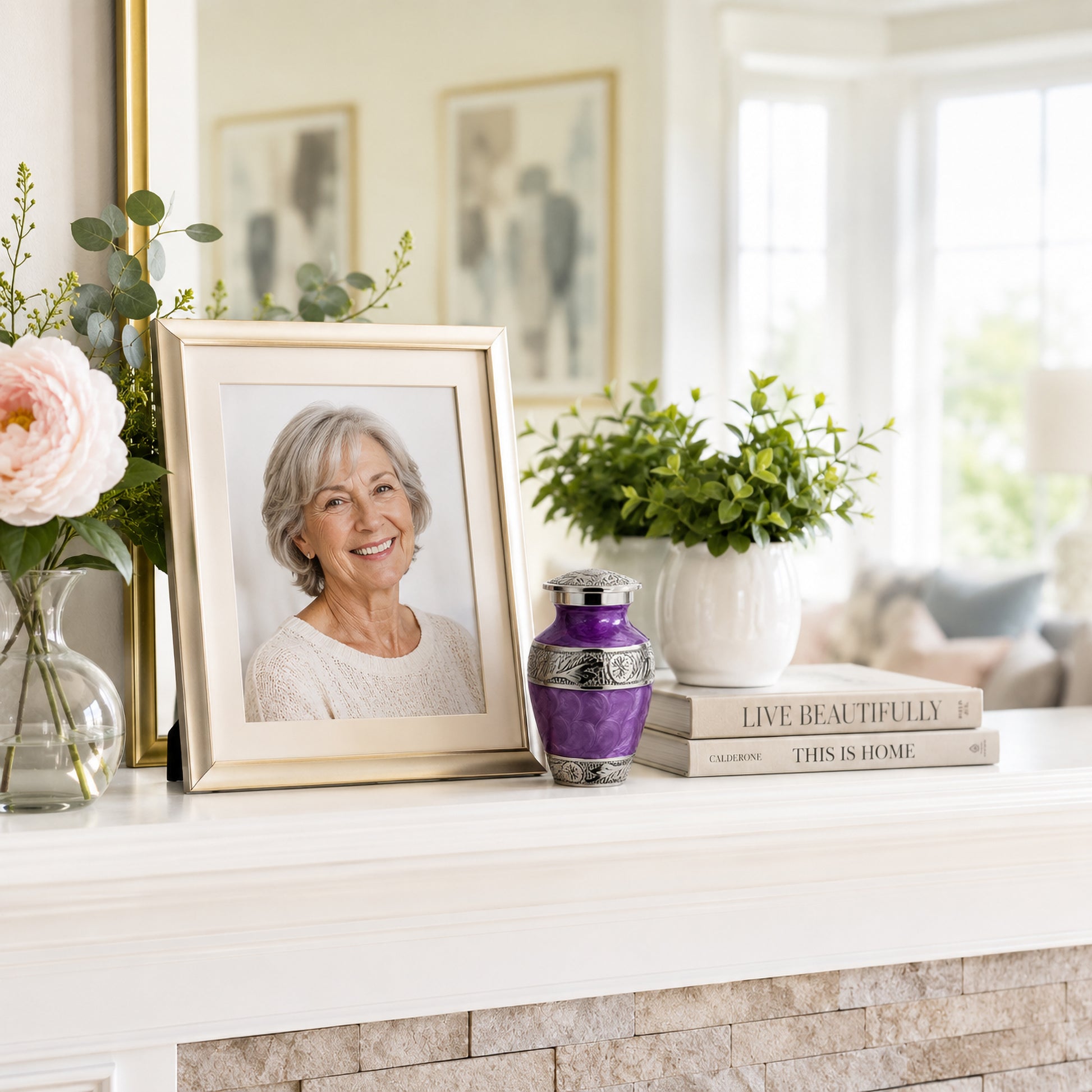 Purple Forever After keepsake urn on memorial table with framed photo and candle
