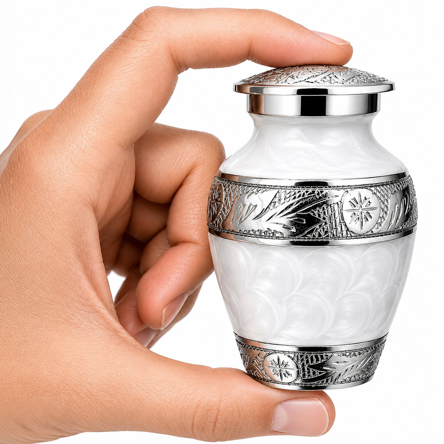 White Forever After small keepsake cremation urn held in hand