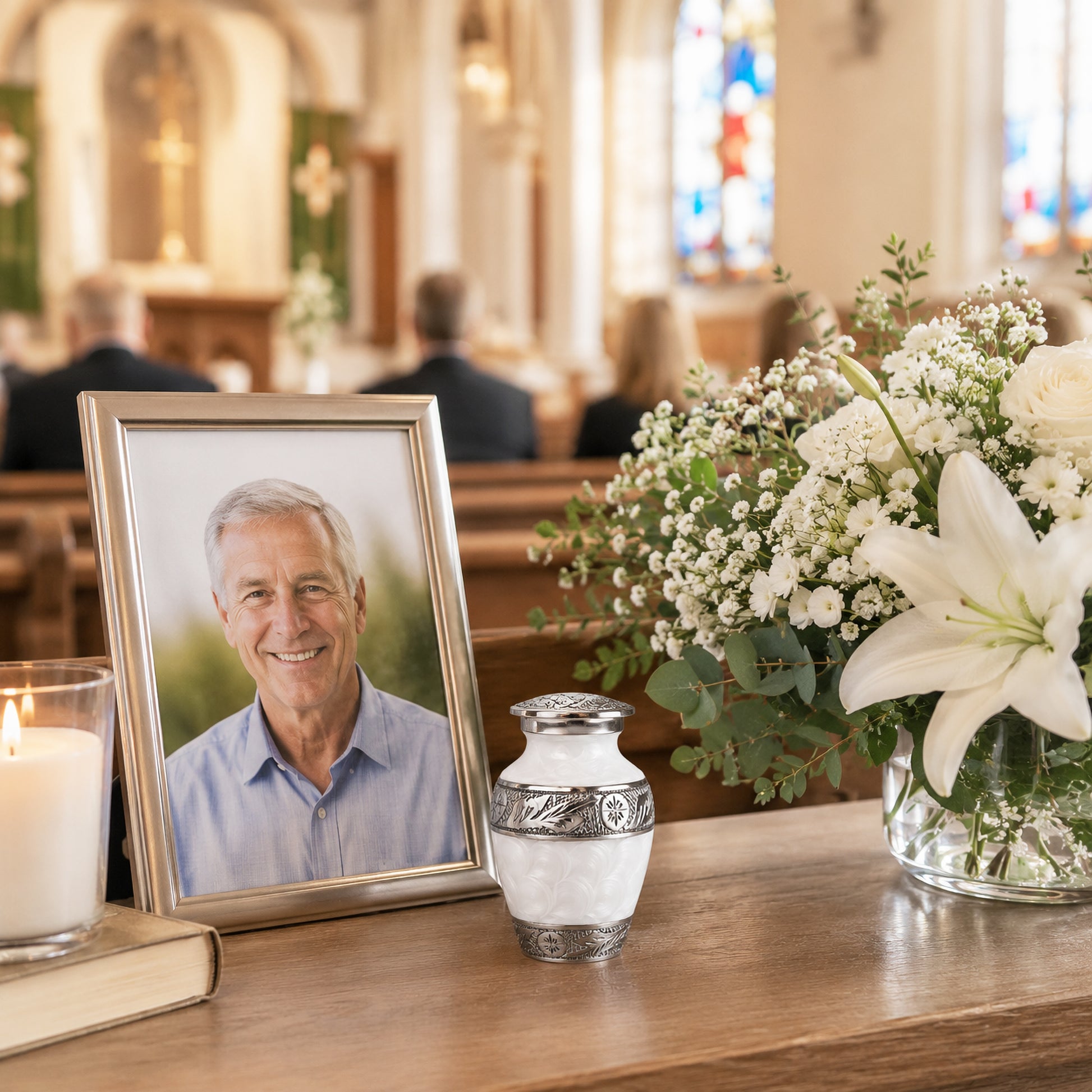 White Forever After keepsake urn on church memorial table with framed photo and flowers