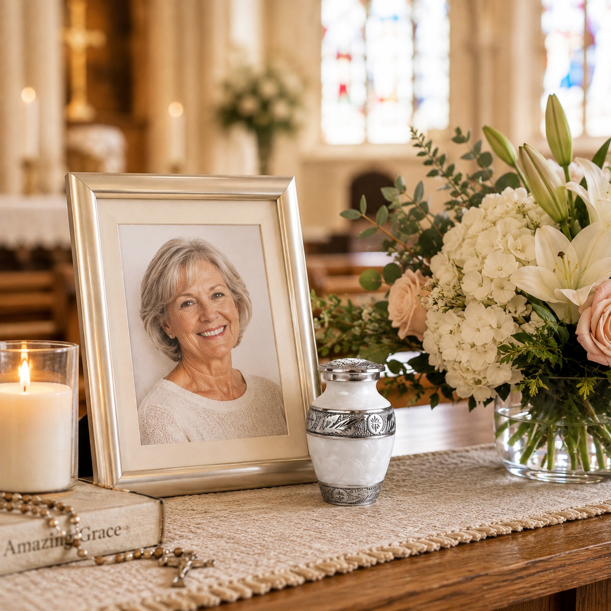 White Forever After keepsake urn beside framed photo and Amazing Grace book on memorial table