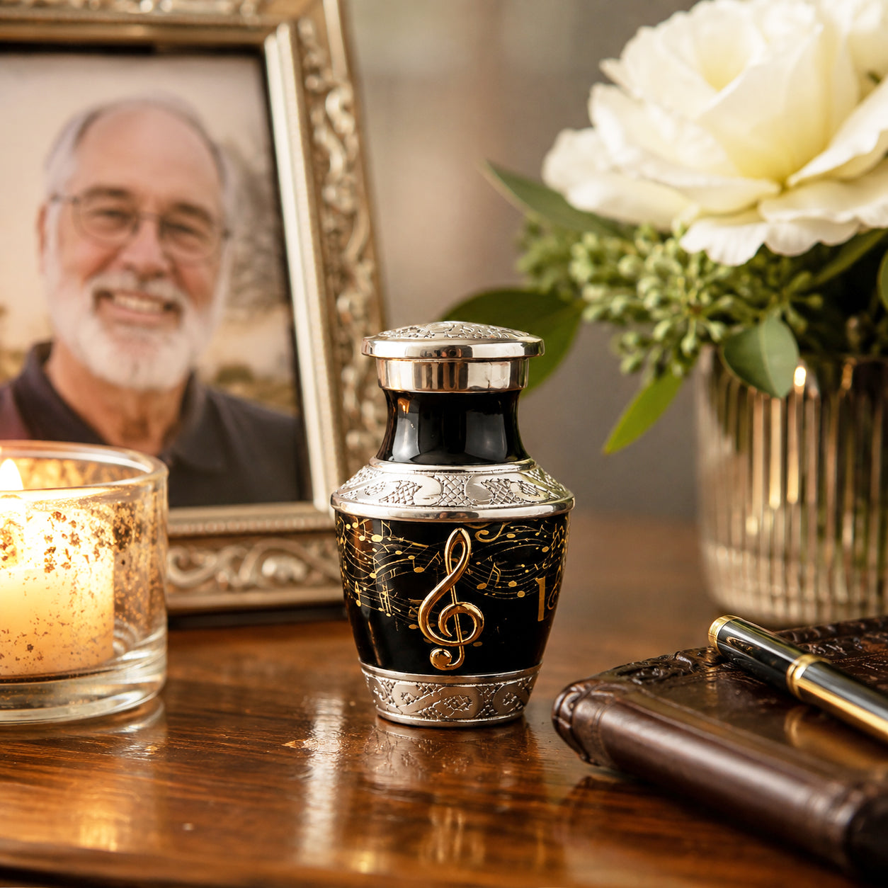 Black musical notes keepsake urn on wooden table with candle framed photo of man and white roses memorial lifestyle