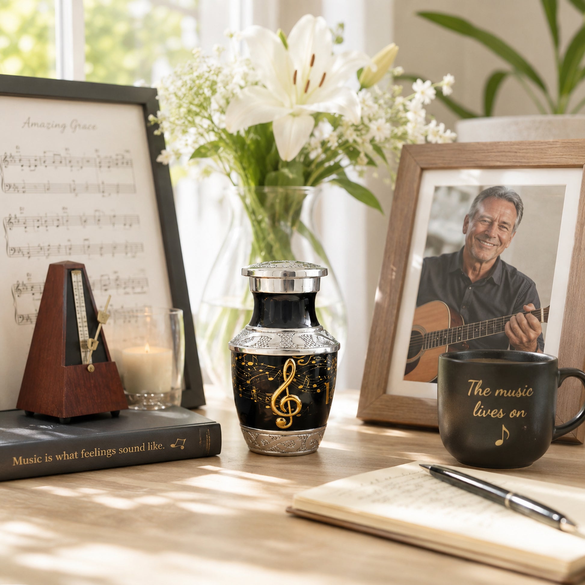Black musical notes keepsake urn on desk with Amazing Grace sheet music metronome guitar photo and music lives on mug lifestyle