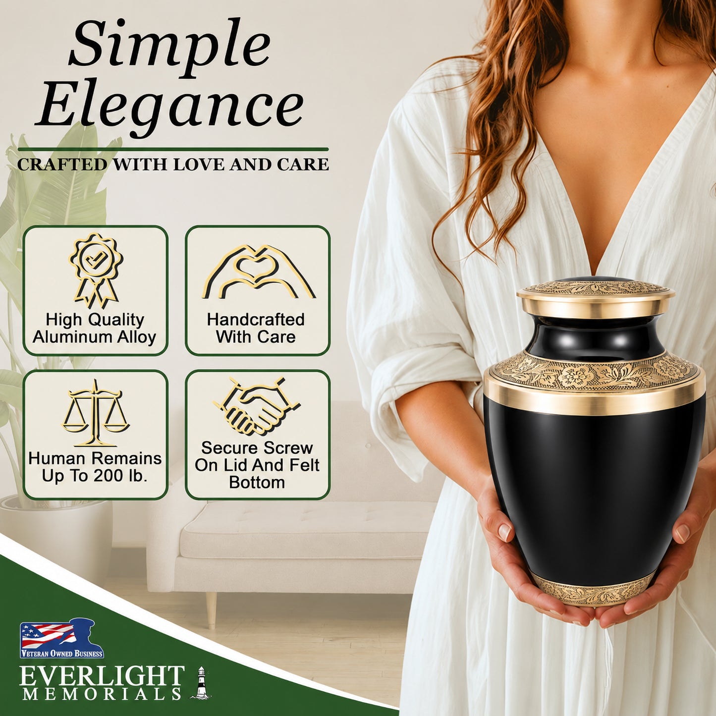 Classic Matte Black Urn for Ashes Adult Male or Female – Large Cremation Urn for Human Ashes – Memorial Funeral Urn for Men & Women, Home Display, or Burial