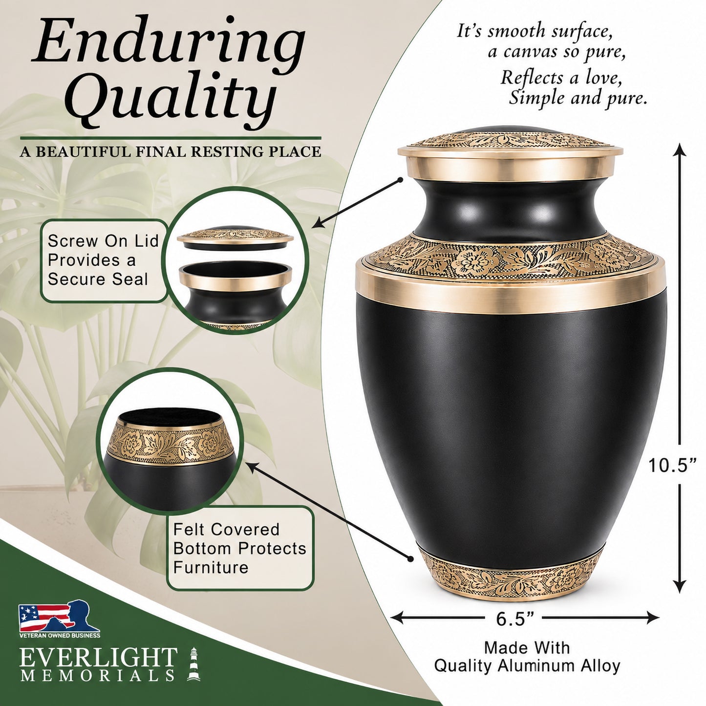 Classic Matte Black Urn for Ashes Adult Male or Female – Large Cremation Urn for Human Ashes – Memorial Funeral Urn for Men & Women, Home Display, or Burial