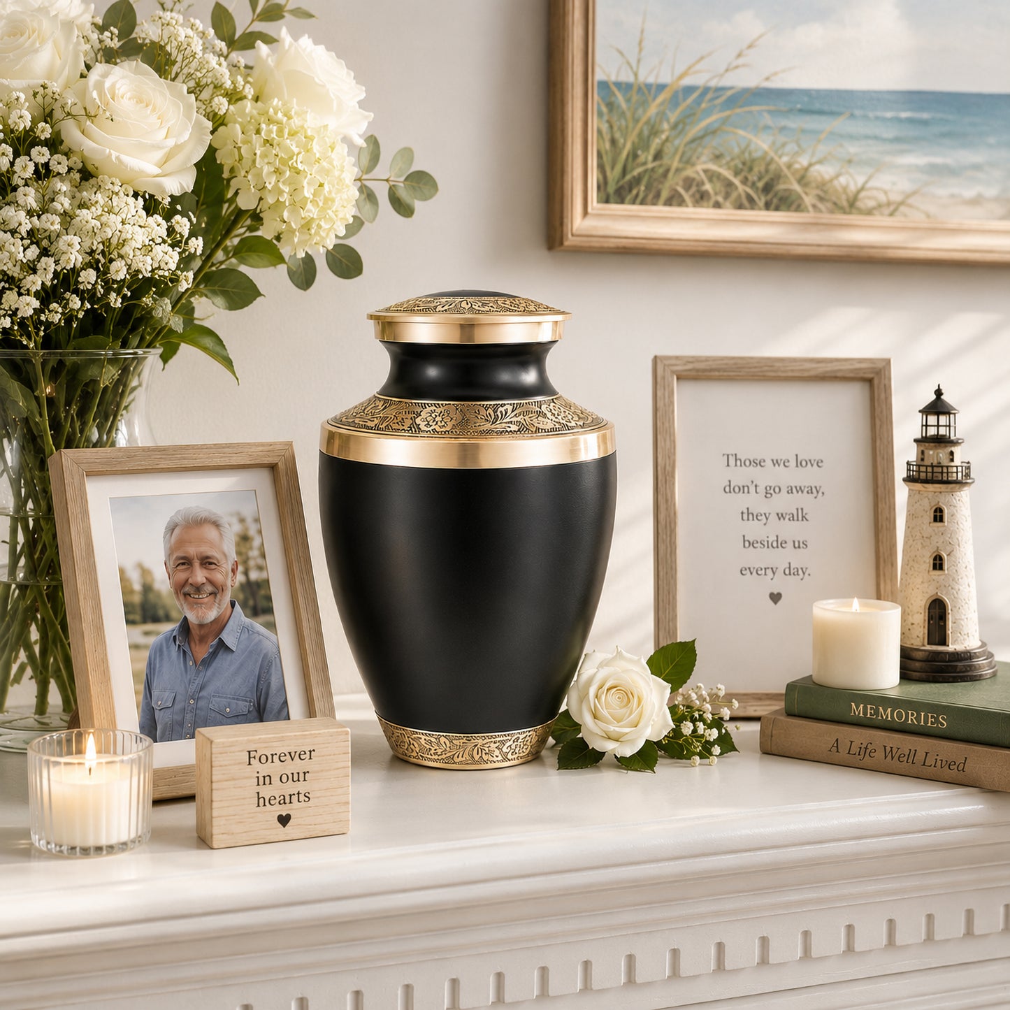 Classic Matte Black Urn for Ashes Adult Male or Female – Large Cremation Urn for Human Ashes – Memorial Funeral Urn for Men & Women, Home Display, or Burial