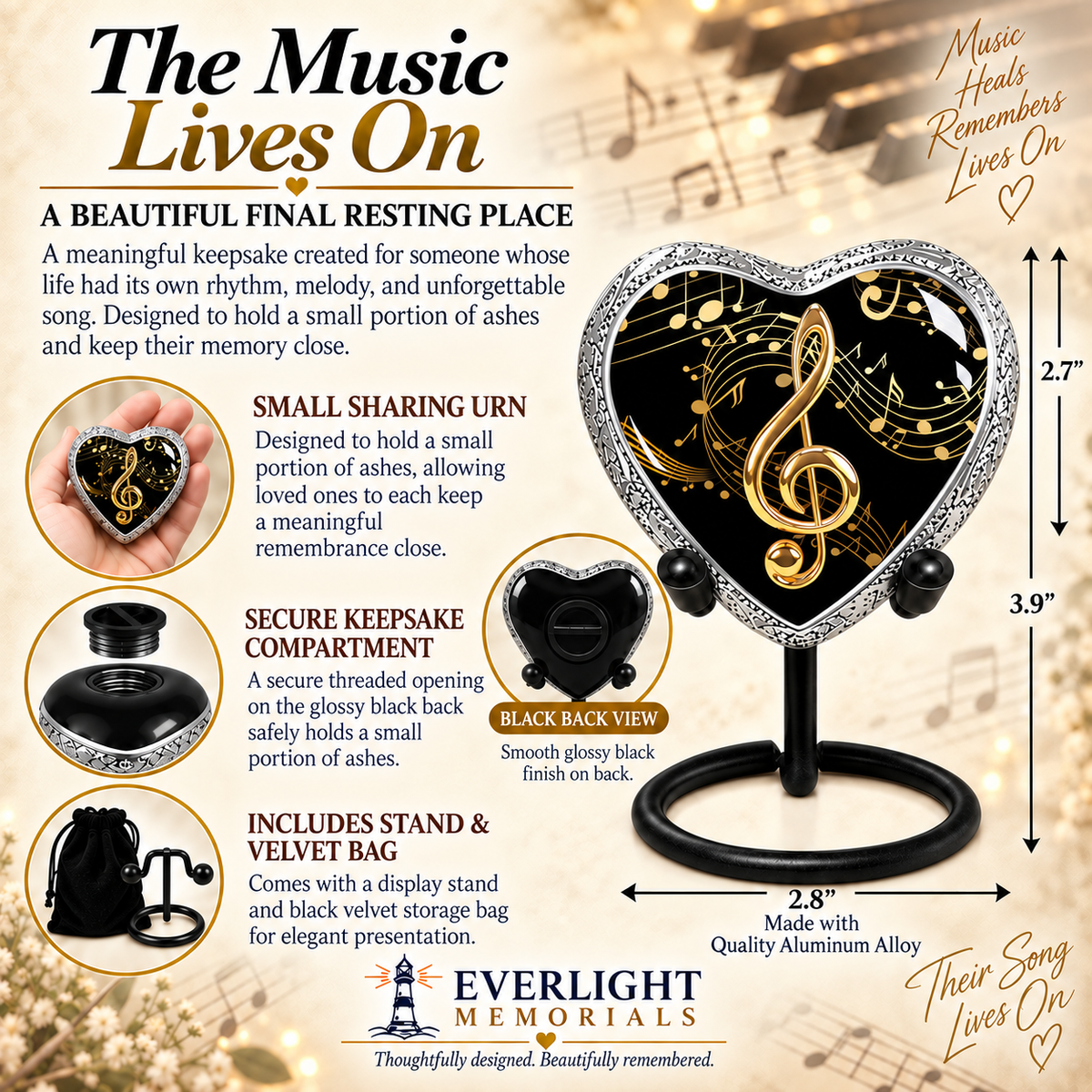 The Music Lives On infographic for black musical notes heart keepsake urn – dimensions, features, and Everlight Memorials branding