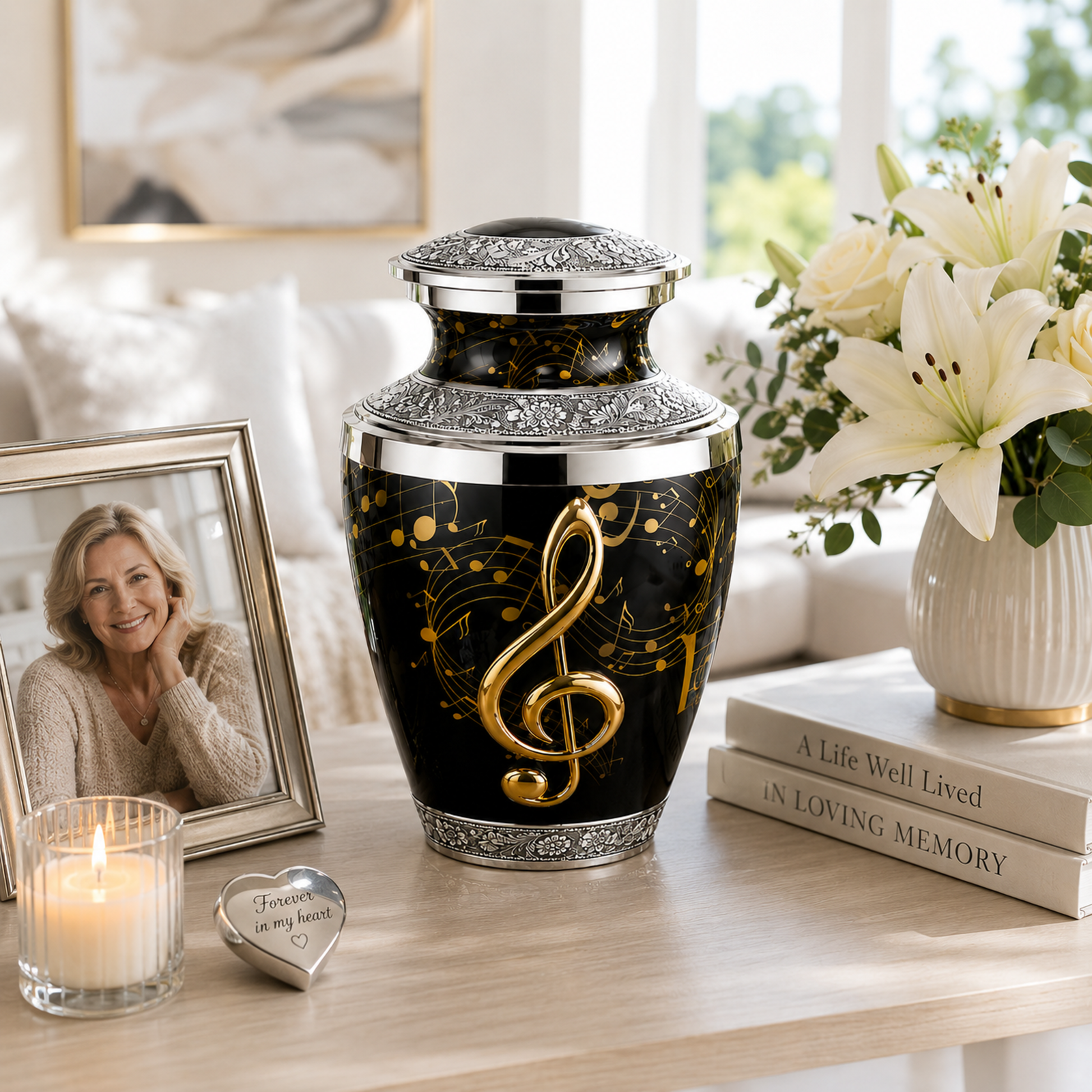 Black and gold musical notes cremation urn on white shelf with framed photo and candle lifestyle display