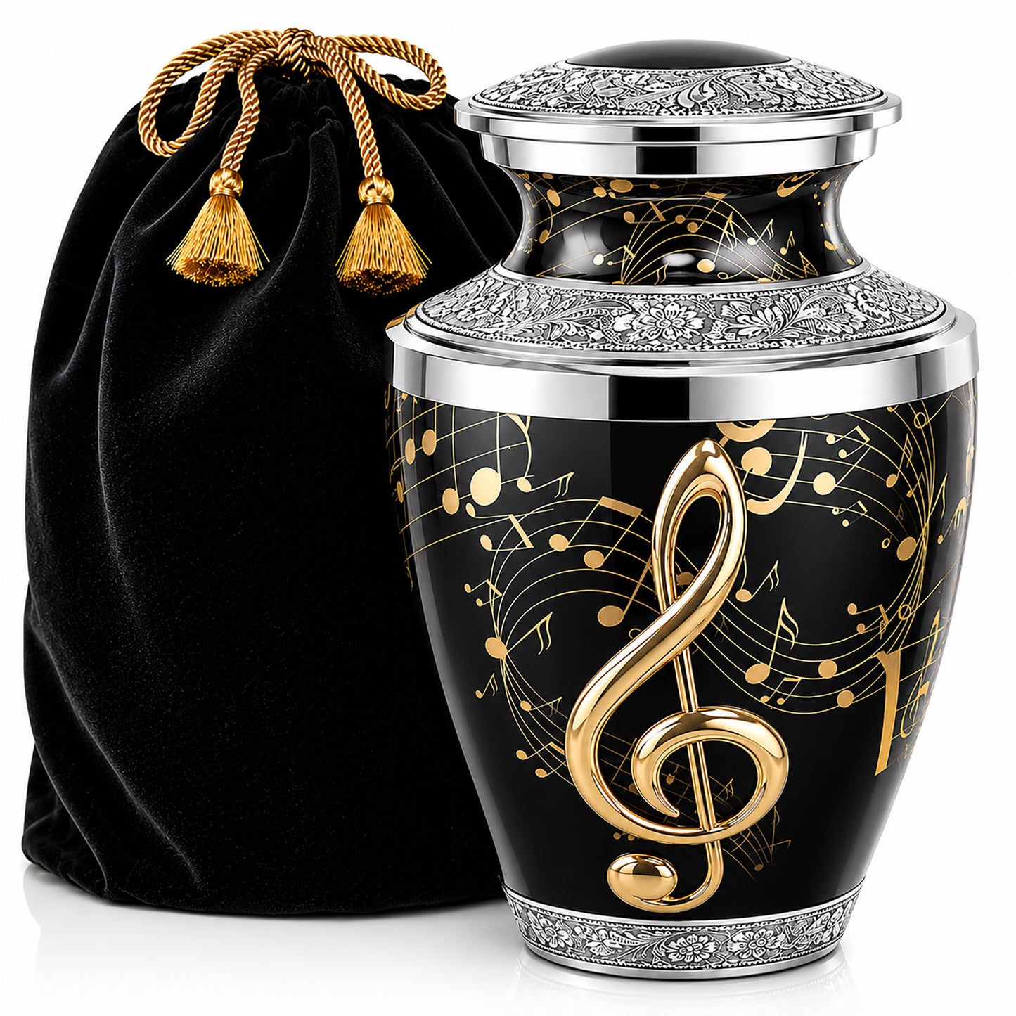 Black and gold musical notes cremation urn for adults with velvet bag on white background