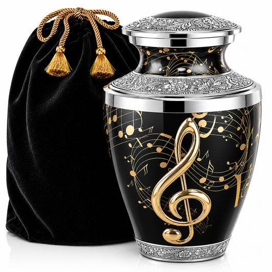 Black and gold musical notes cremation urn for adults with velvet bag on white background