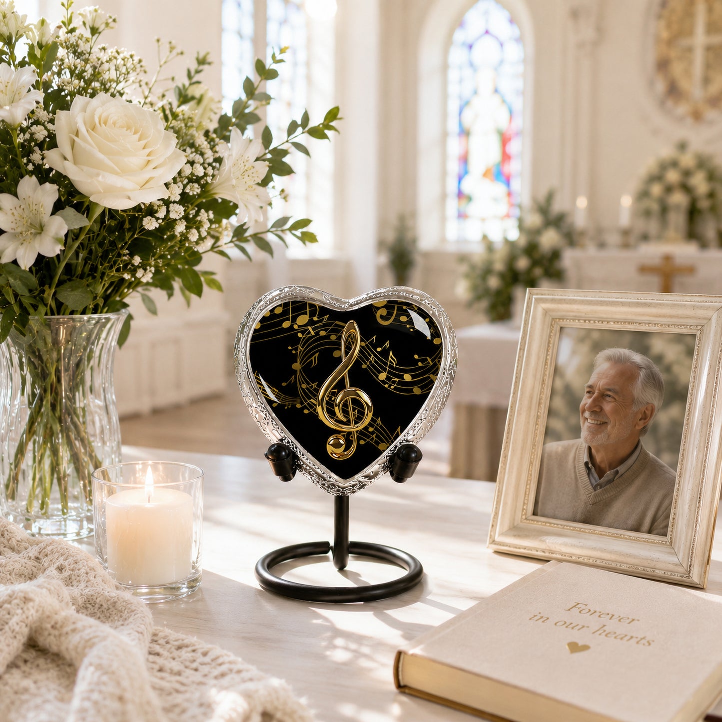 Black gold musical notes heart keepsake urn on stand at church memorial table with white roses candle framed photo of man and Forever in our hearts book lifestyle