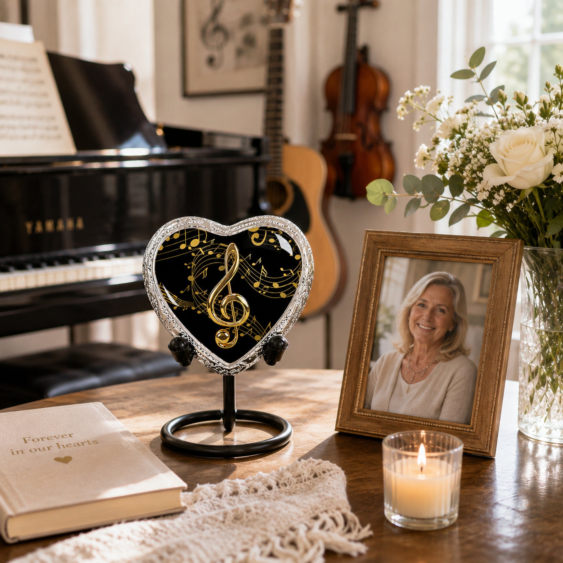 Black gold musical notes heart keepsake urn on stand on wooden table with Yamaha grand piano guitar violin framed photo of woman candle and white roses lifestyle