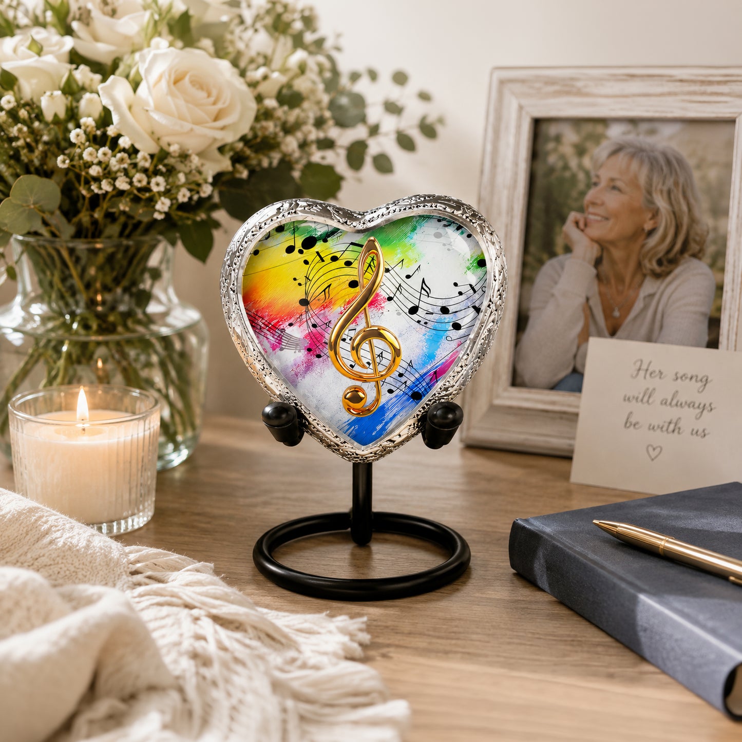 White rainbow musical notes heart keepsake urn on stand with candle white roses framed photo of woman and her song will always be with us card lifestyle