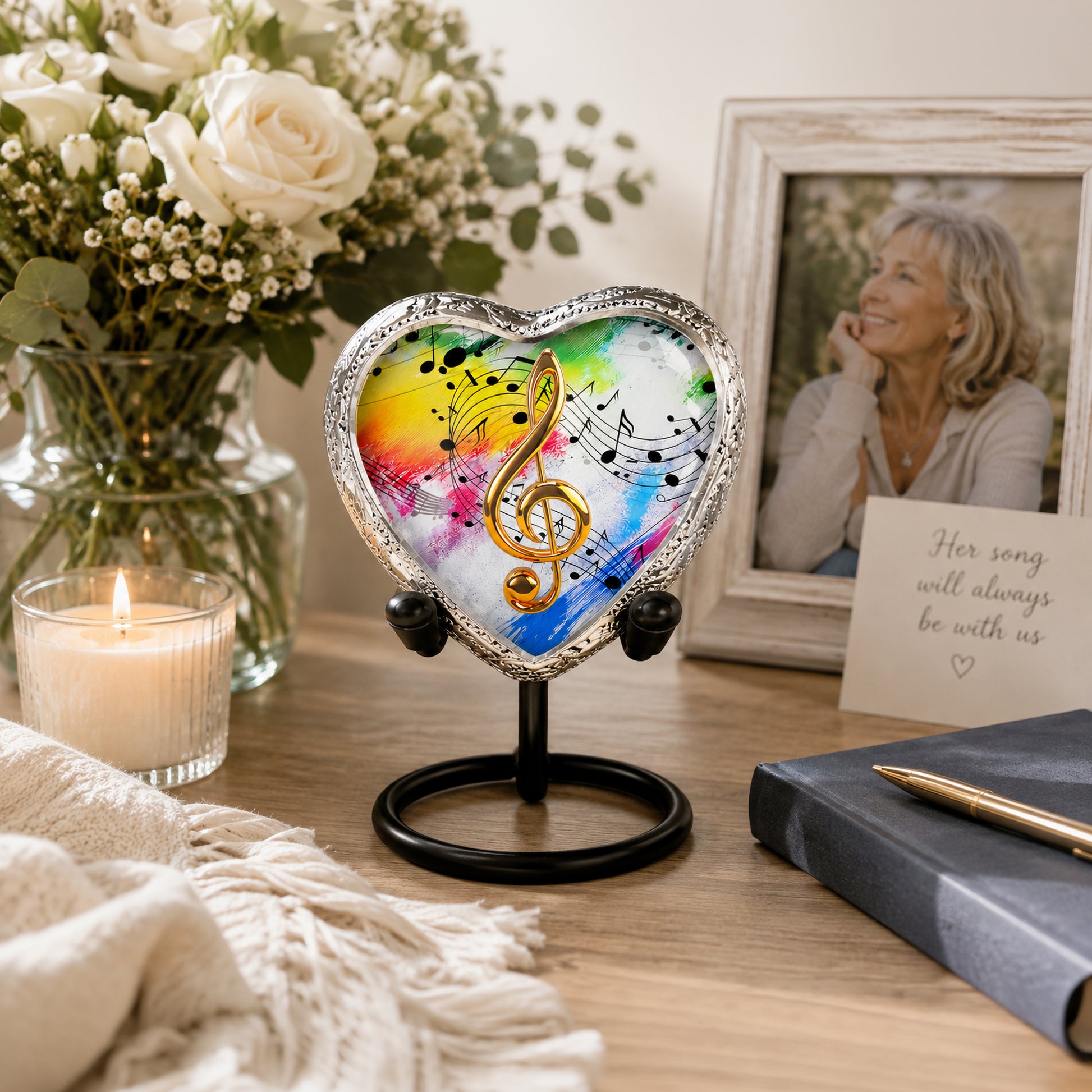 White rainbow musical notes heart keepsake urn on stand with candle white roses framed photo of woman and her song will always be with us card lifestyle