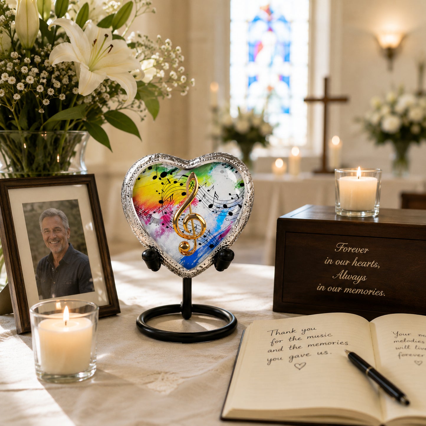 White rainbow musical notes heart keepsake urn on stand at church memorial table with framed photo candles and thank you for the music journal lifestyle