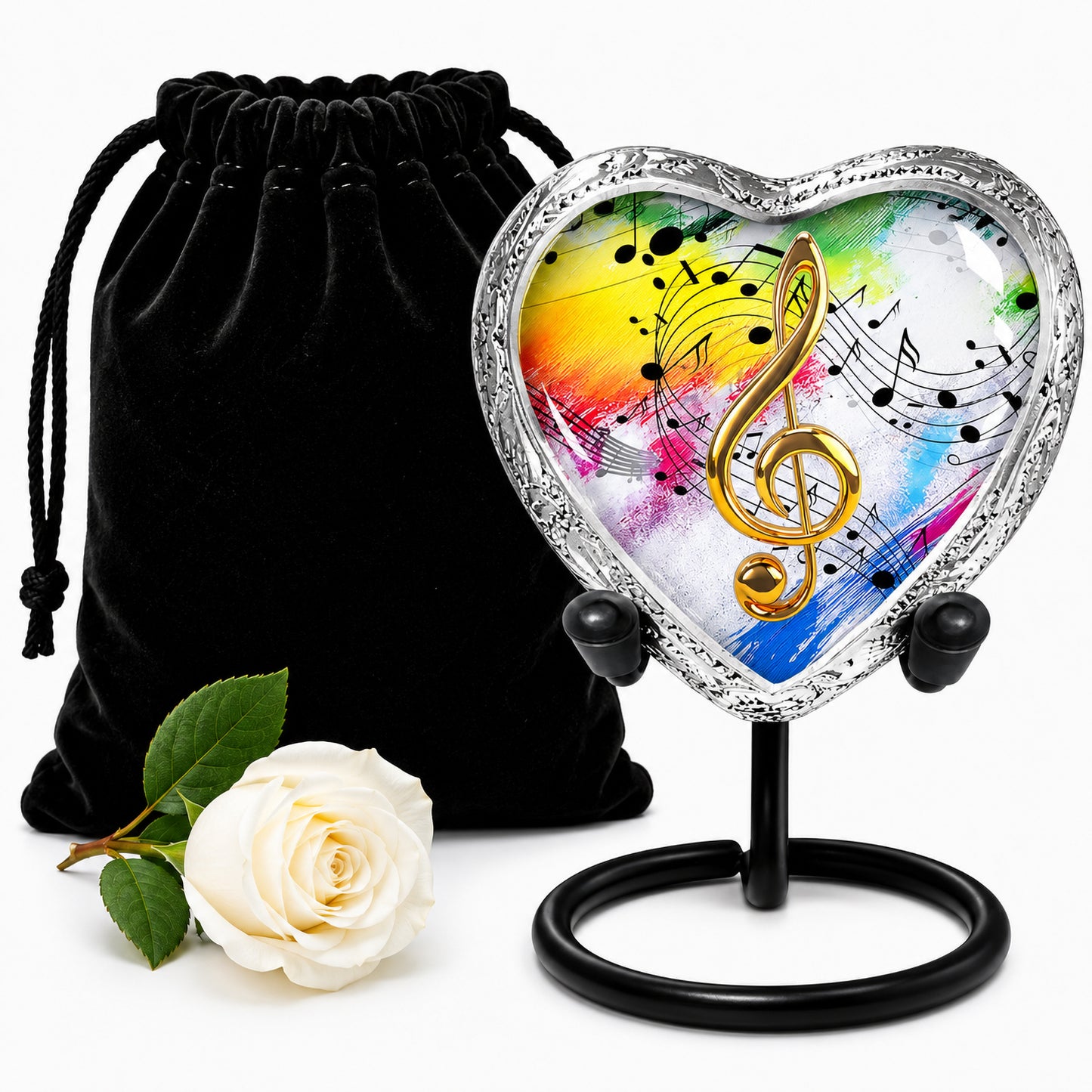 White rainbow musical notes heart keepsake urn with velvet bag and white rose on white background