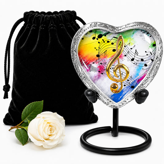 White rainbow musical notes heart keepsake urn with velvet bag and white rose on white background