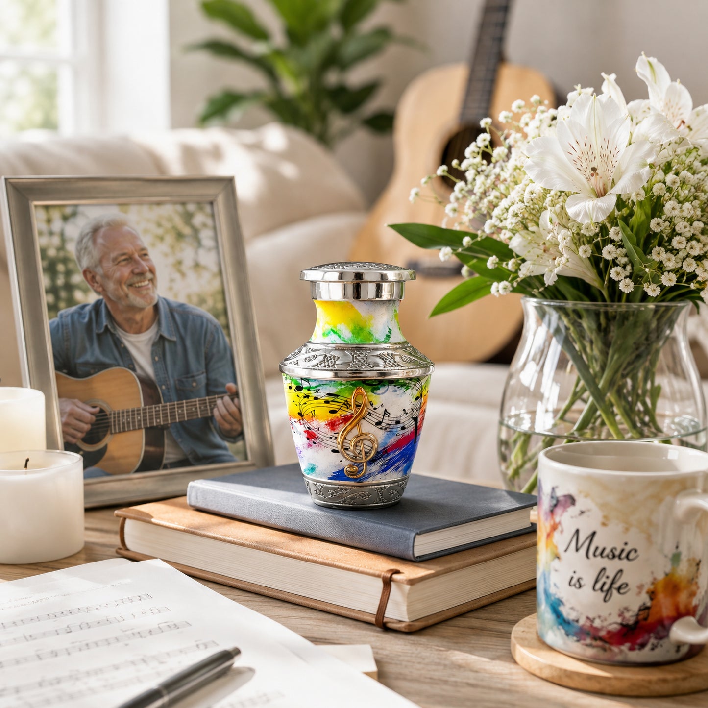 White rainbow musical notes keepsake urn on stacked books with framed photo of man playing guitar candle and music is life mug lifestyle