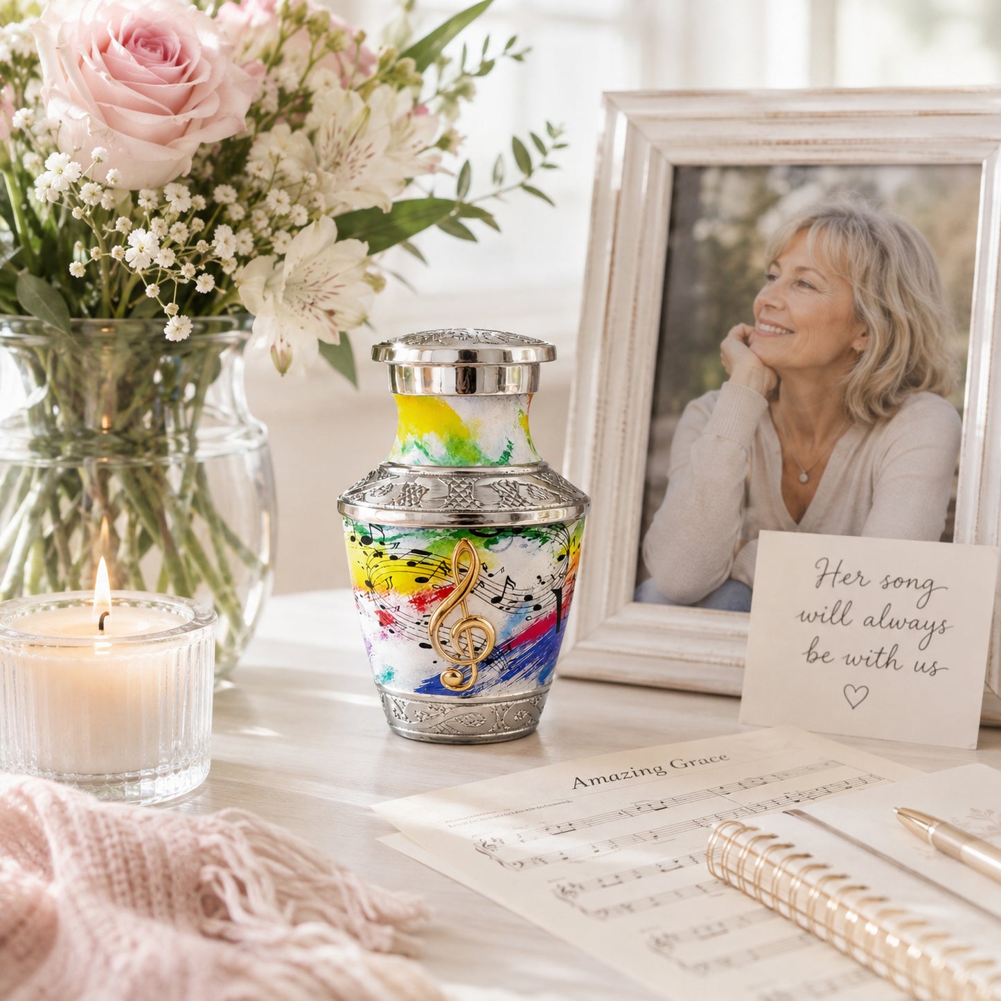White rainbow musical notes keepsake urn on white table with Amazing Grace sheet music pink roses candle and her song will always be with us card lifestyle