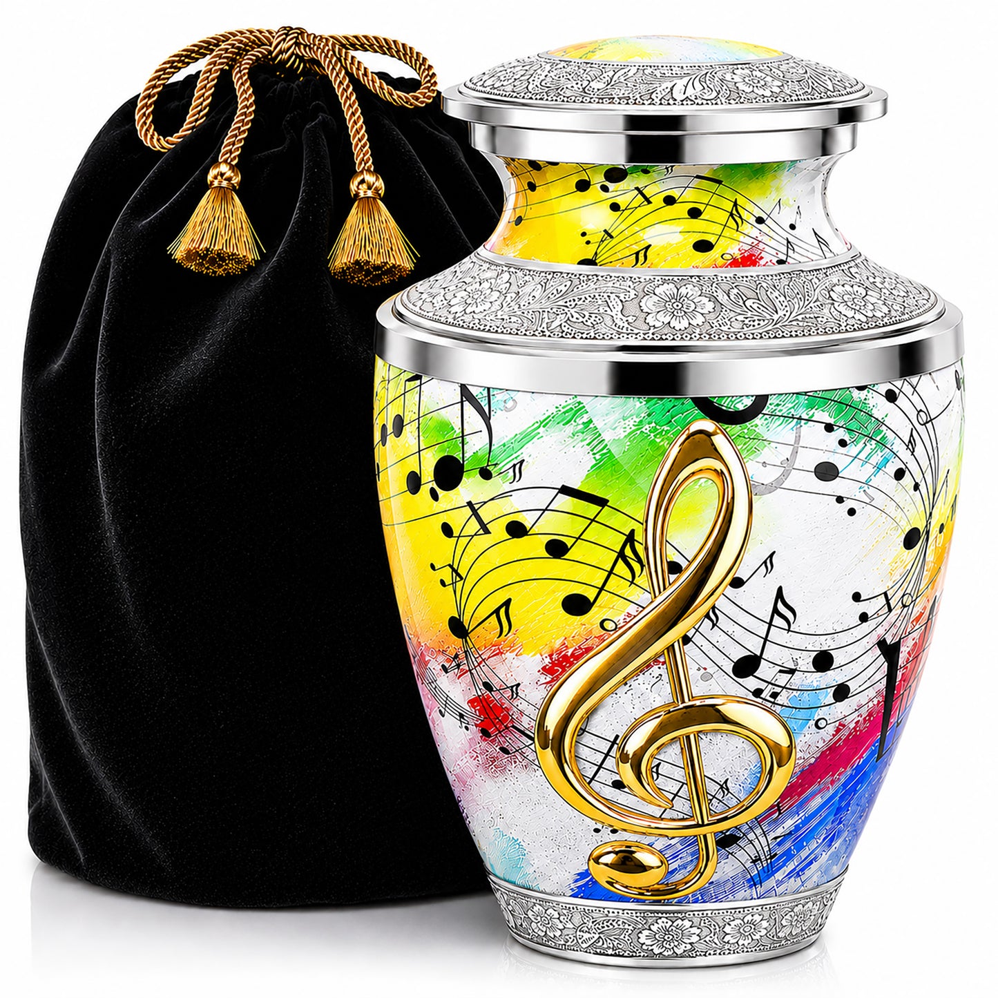 White and rainbow musical notes cremation urn with gold treble clef and velvet bag on white background