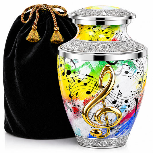 White and rainbow musical notes cremation urn with gold treble clef and velvet bag on white background