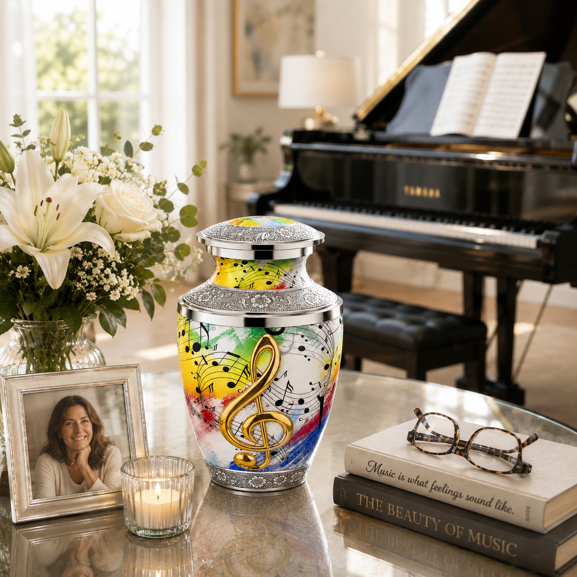 White musical notes cremation urn on glass table with candle framed photo and grand piano in background lifestyle