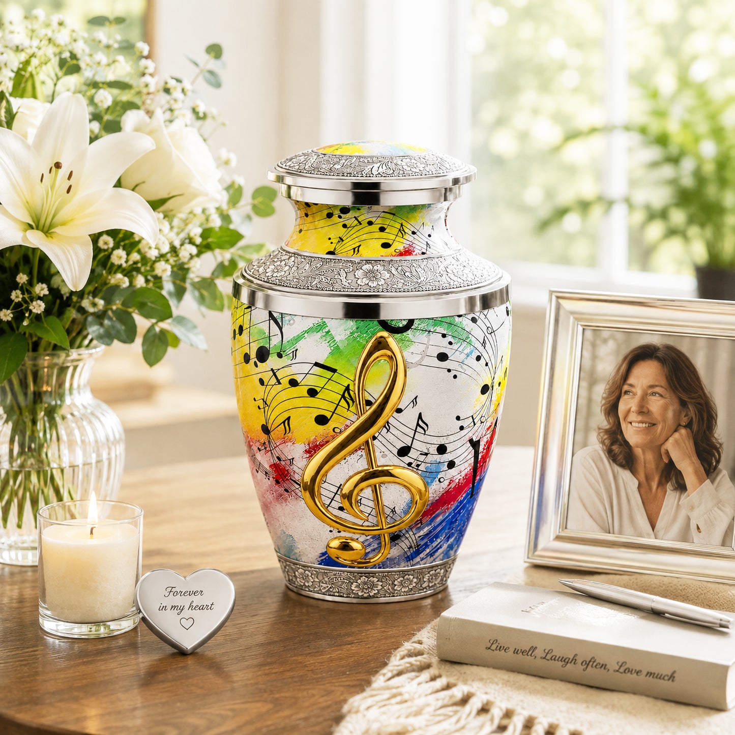 White rainbow musical notes cremation urn on wooden table with candles flowers and forever in my heart token lifestyle
