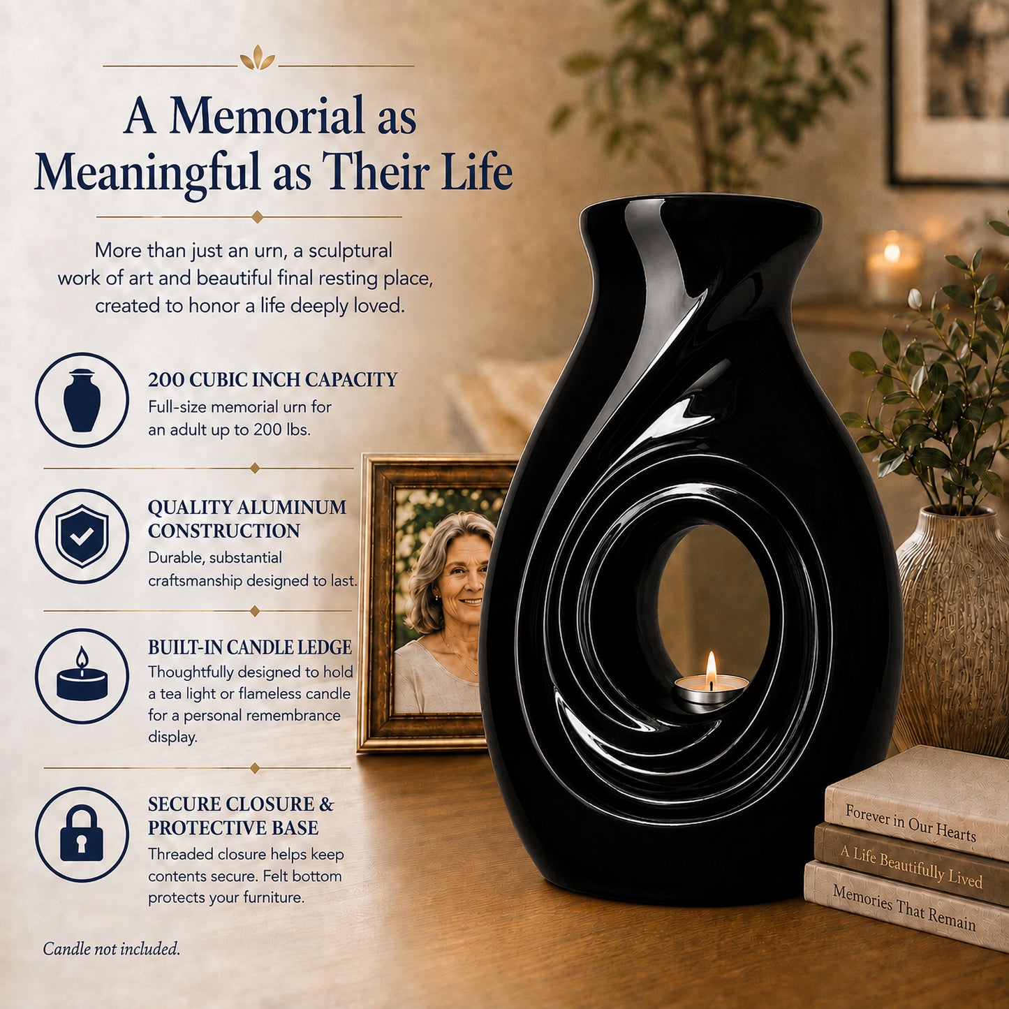 New Horizons Black urn dimensions and features – 12.25 inch height, built-in candle ledge