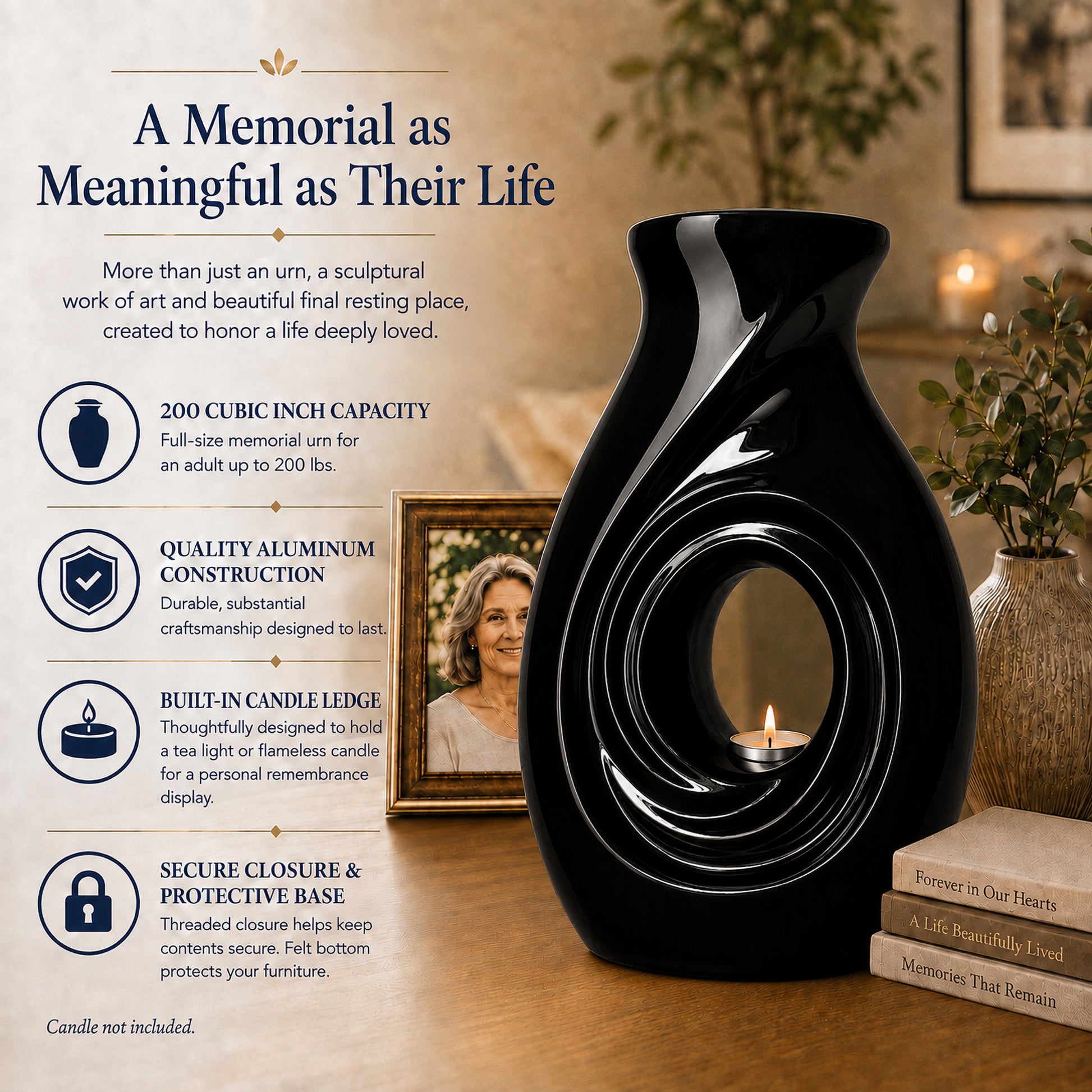 New Horizons Black urn dimensions and features – 12.25 inch height, built-in candle ledge